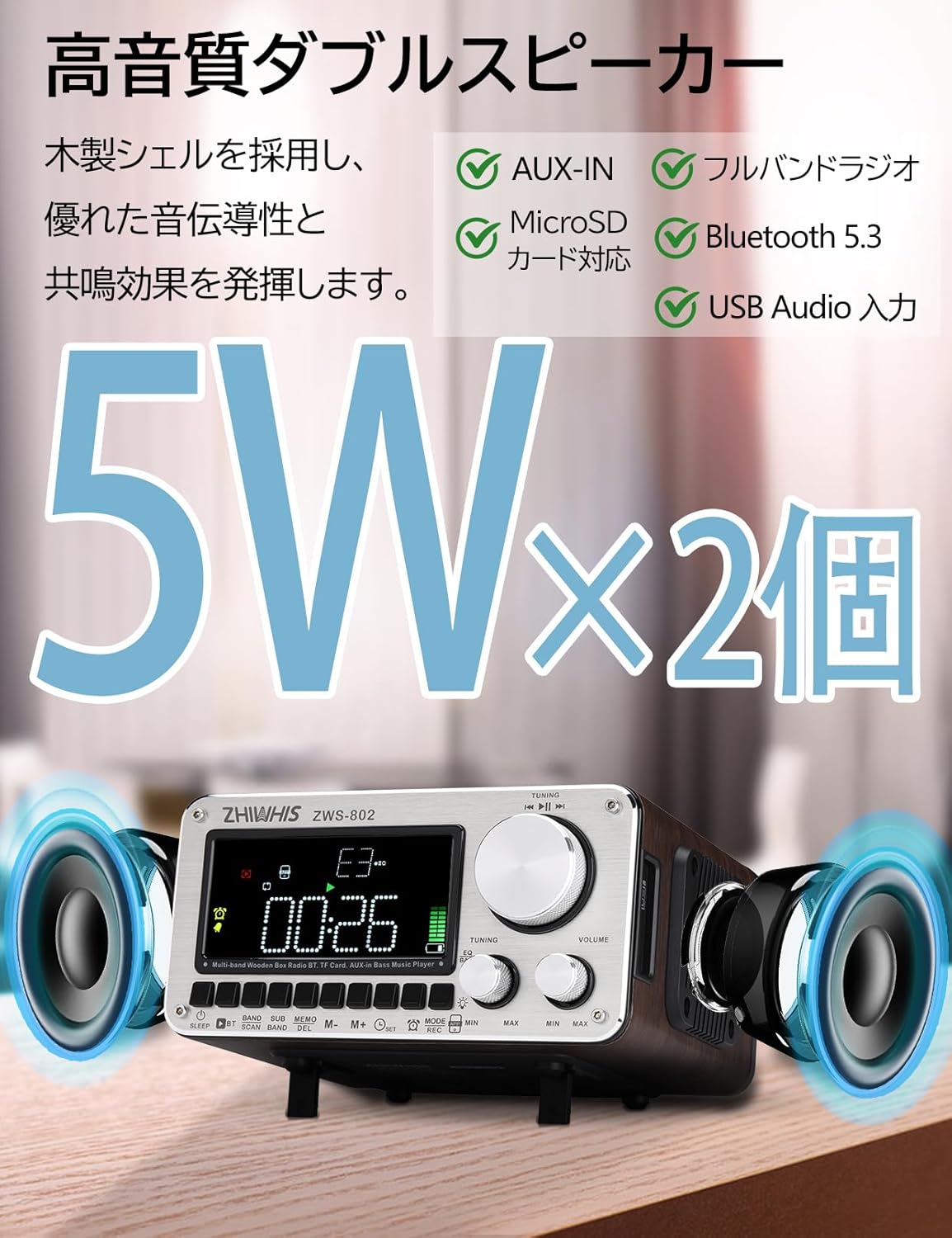 Close-up of the ZHIWHIS ZWS-802 radio highlighting its two 5W speakers and wooden casing.