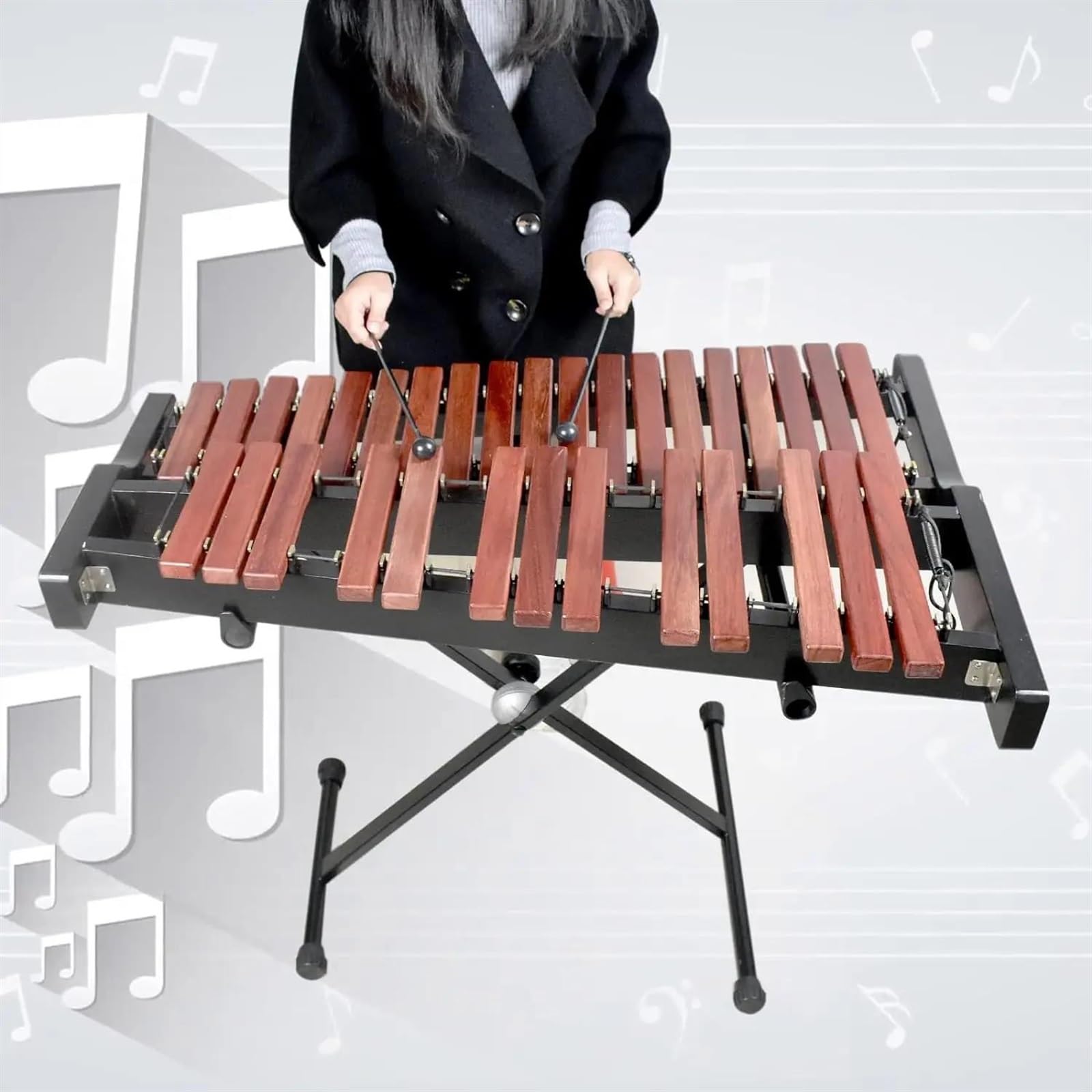 Hermoso instrumento de percusión Glockenspiel de madera de 32 notas con mazos y soporte ajustable Kit De Glockenspiel Profesional