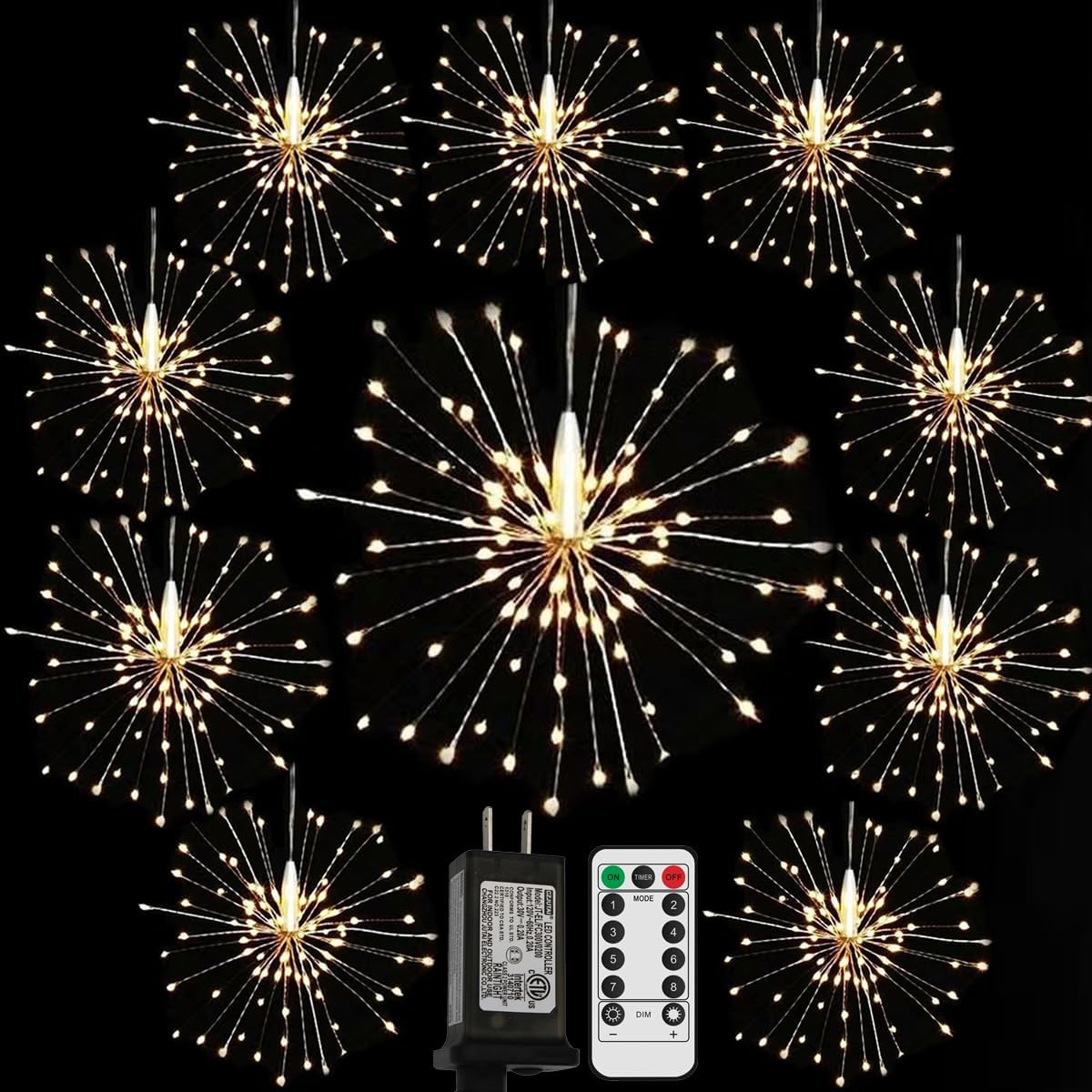 Remote Firework Lights Led Copper Wire, 10 Connection Total 1000 LED Fairy Twinkle Lights Plug in String Lights 8 Modes 1M/3.3FT Spacing Starburst Lights with Sagging Wire (Warm White)