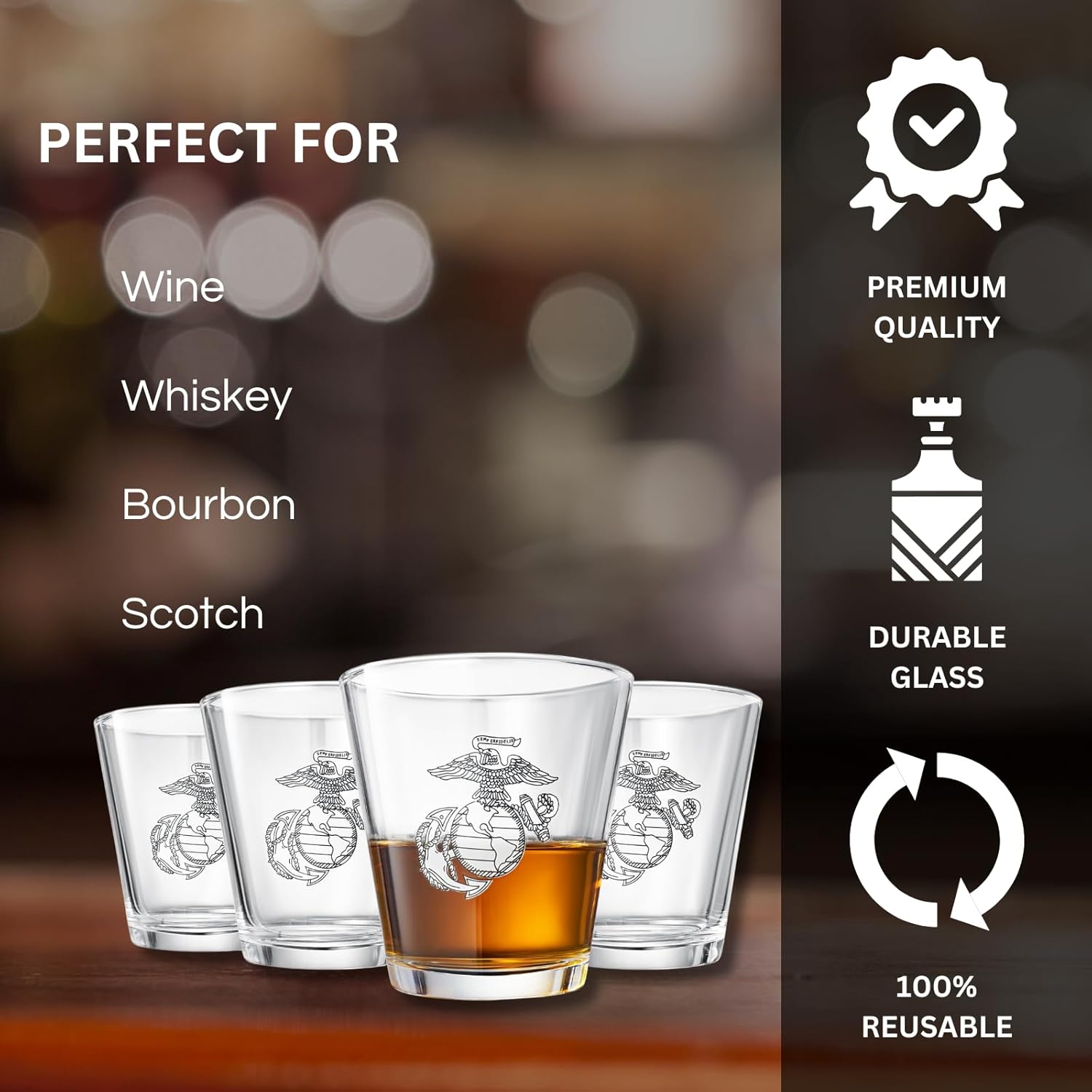 Marine USMC Whiskey & Wine Glasses Set of 4, Anchor and Globe Whiskey Glasses 10oz Marines Gift by The Wine Savant