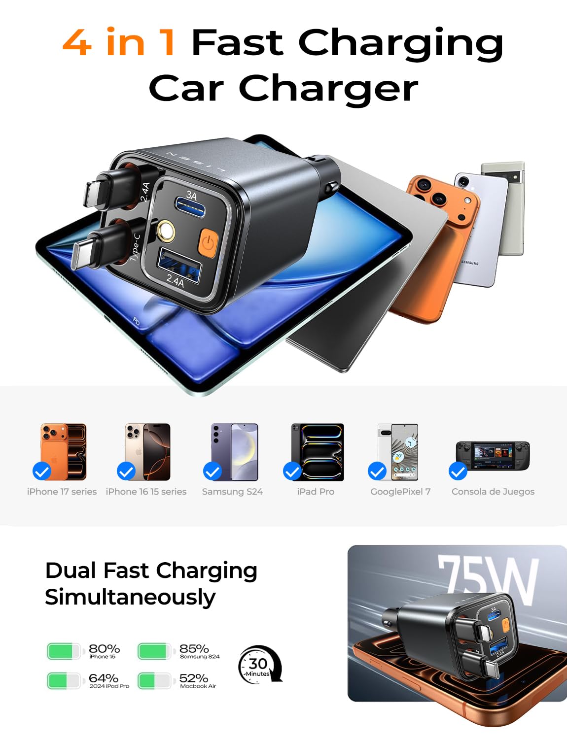 LISEN 4 in 1 Starlight Retractable Car Charger, 75W USB C Cigarette Adapter Fast Charging, Starlight Retractable Car Accessories for Women Mom, for iPhone 17 Pro Max Air 16 15 14 13 12 view 5