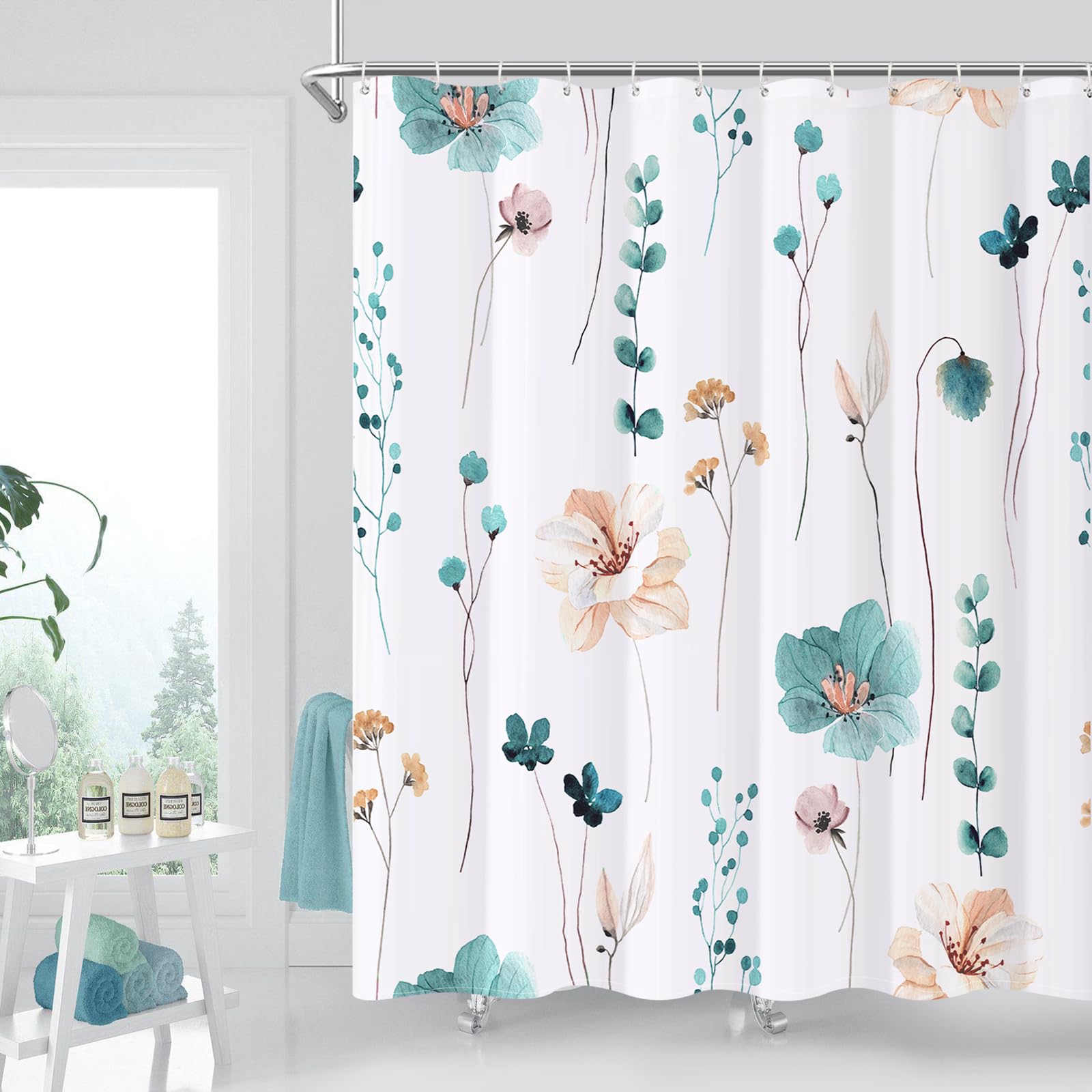 Watercolor Floral Shower Curtain Sets - XZTXBest Teal Beige Flower Shower Curtain for Bathroom,Modern Minimalist White Bath Curtain, Waterproof Fabric with 12 Hooks 72x72 Inches
