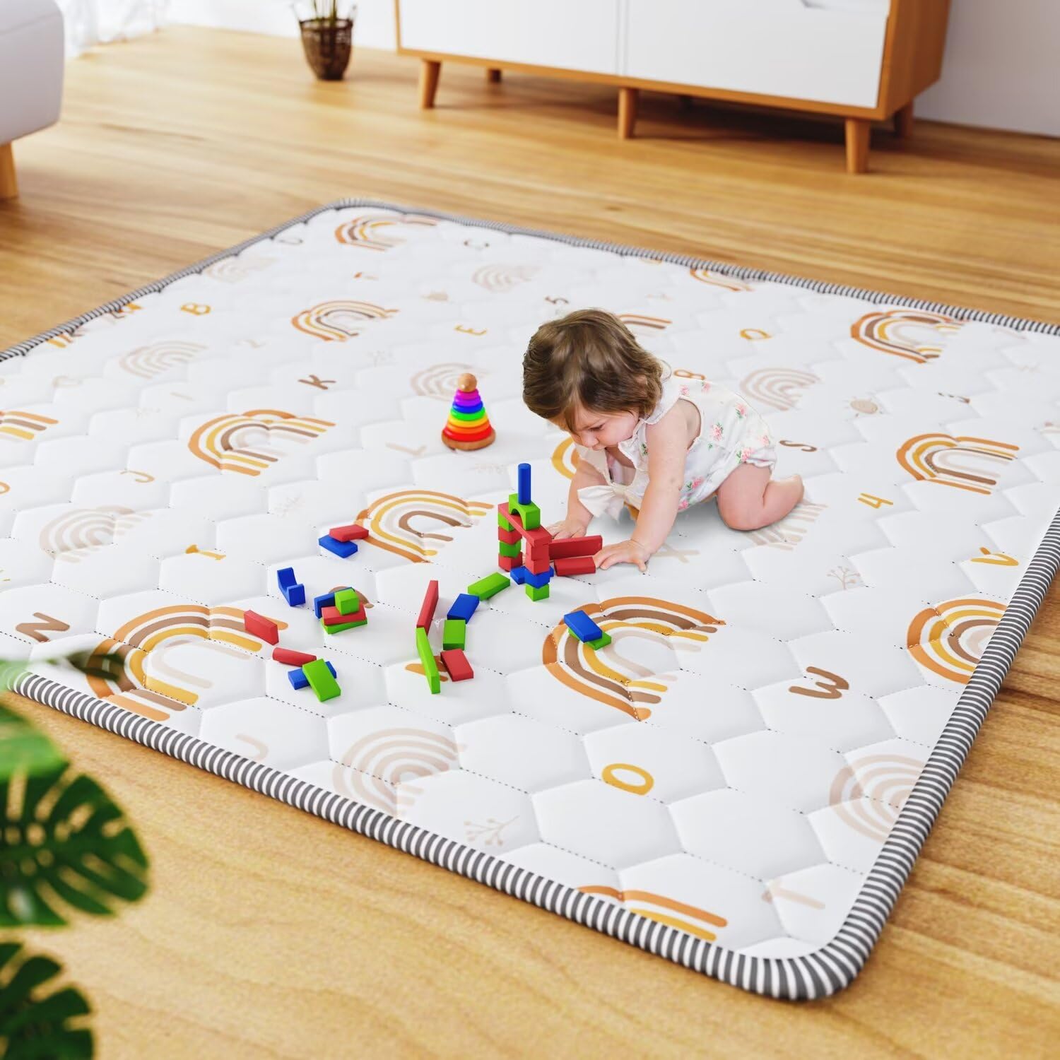 Boho Rainbow Baby Play Mat 50" X 50" Playpen Mat Thicken One-Piece Baby Crawling Mat Non-Slip Cushioned Baby Floor Mat Activity Playmats for Infants,