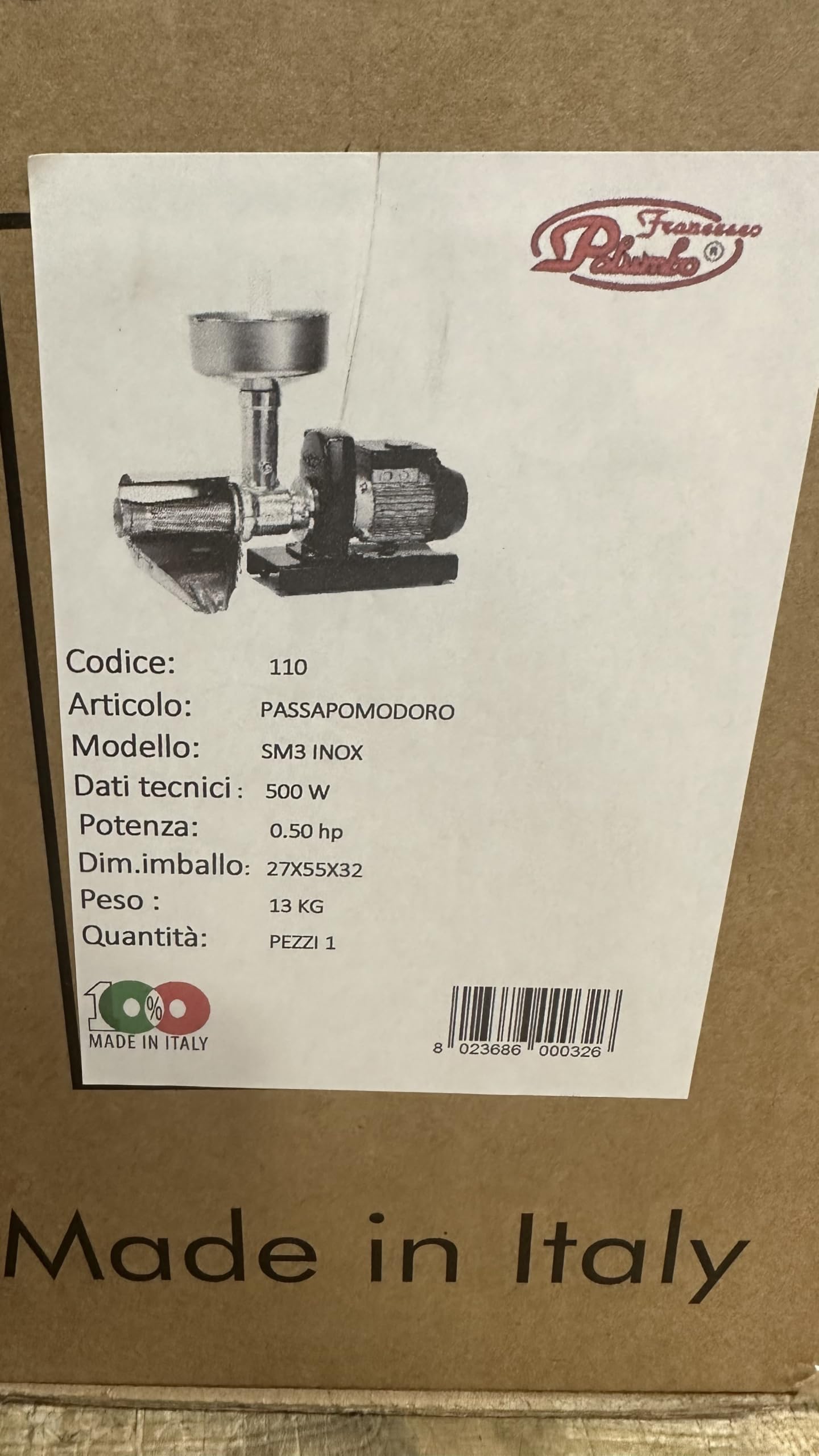 Spremipomodoro Elettrico Palumbo SM3 INOX Motore monofase HP 0,50 370W IP54