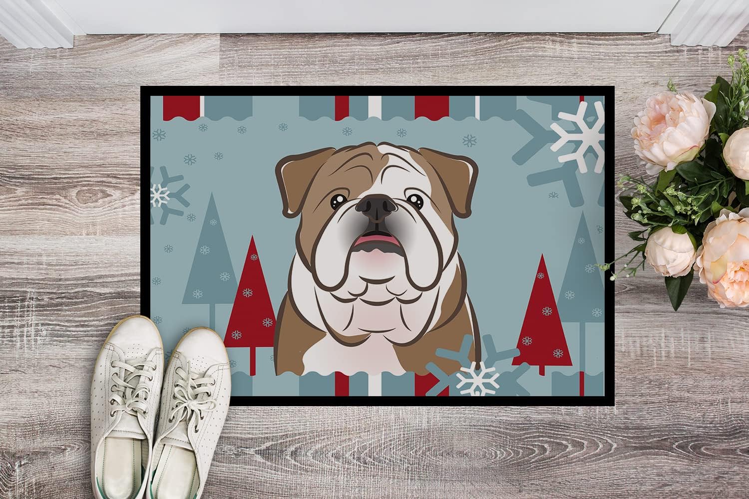 Caroline's Treasures BB1715MAT Winter Holiday English Bulldog Doormat 18x27 Front Door Mat Indoor Outdoor Rugs for Entryway, Non Slip Washable Low Pile, 18H X 27W