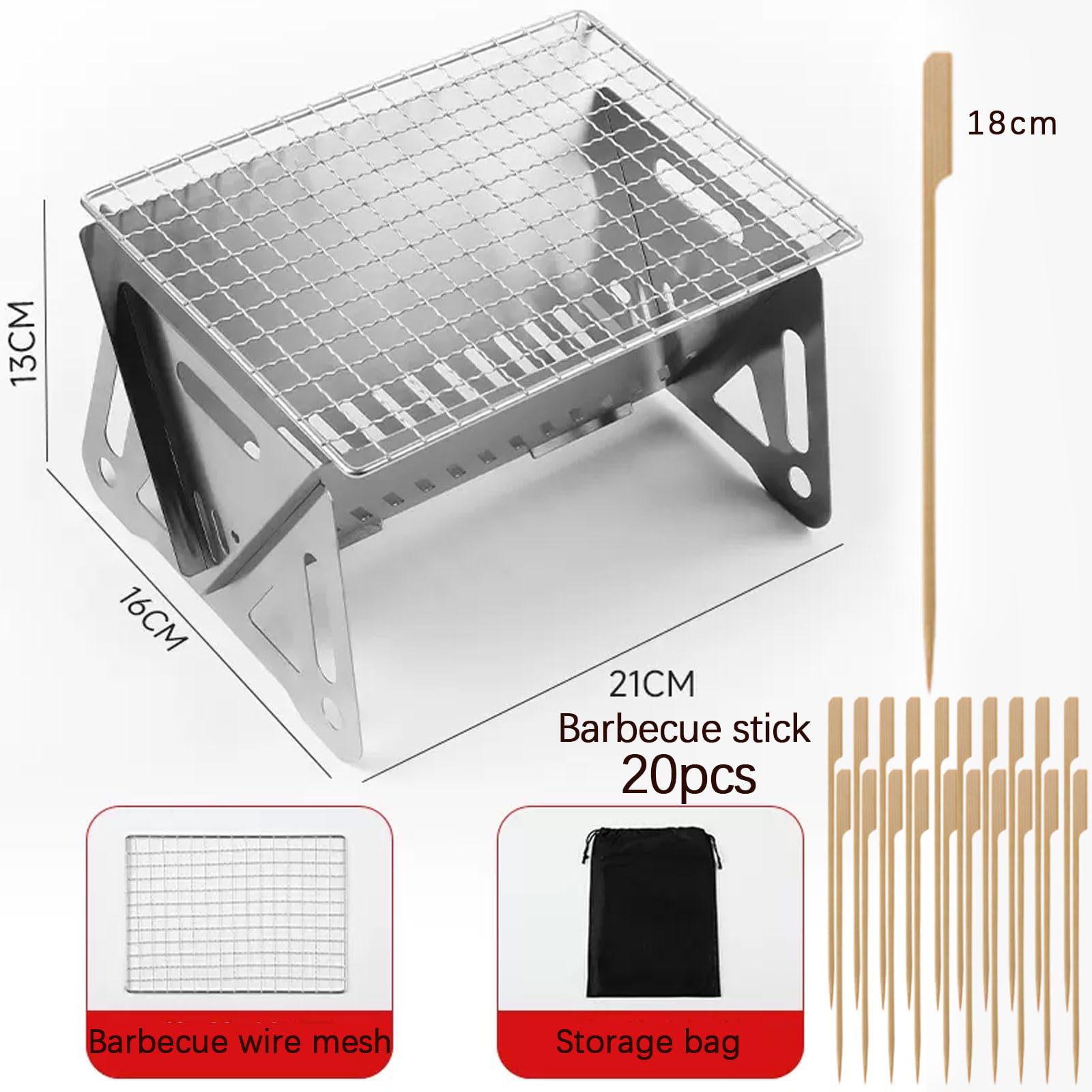 Zewnętrzny grill kempingowy ze stali nierdzewnej, składany grill, mini przenośny grill kempingowy z bambusowym patyczkiem/torba do przechowywania, mały, składany, zdejmowany, grill, blat, palenisko na