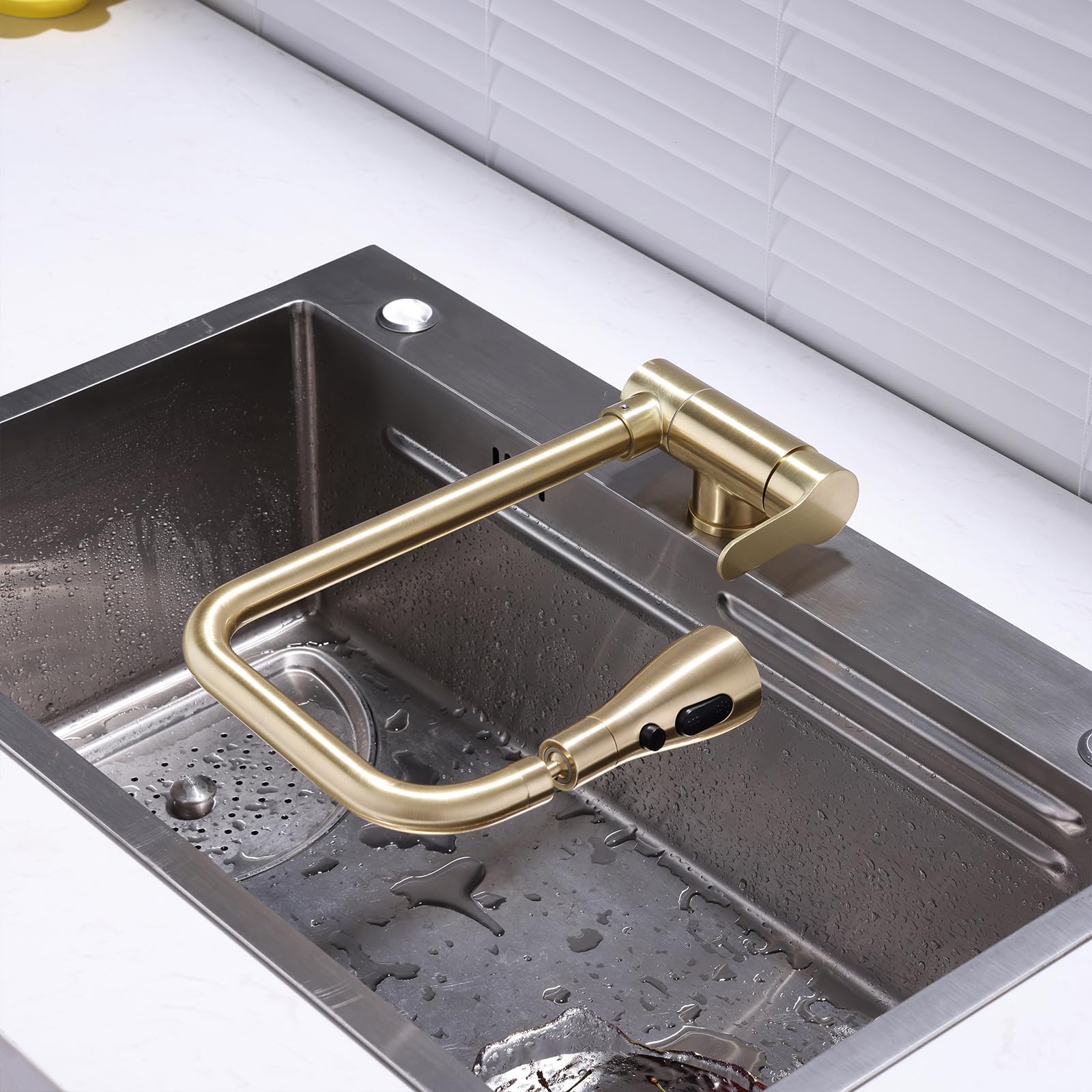 XJTNLB Robinet Cuisine Rabattable Or Brossé en L Robinet Cuisine Rabattable sous Fenetre Mitigeur Évier Une Seule Poignée-3 Modes