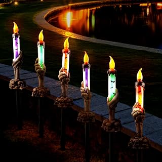 Halloween Solar Candle Light Stakes, 6 Pcs Skeleton Hands Hold Lighted Candle Paito Decor Pathway Makers, Waterproof Light Up Figurine for Outdoor Indoor Halloween Party Decorations