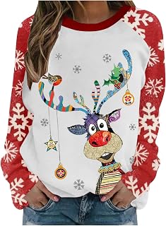 Ugly Christmas Sweater for Women Funny Cute Reindeer Print Long Sleeve Shirts Fall Novelty Xmas Crewneck Sweatshirts