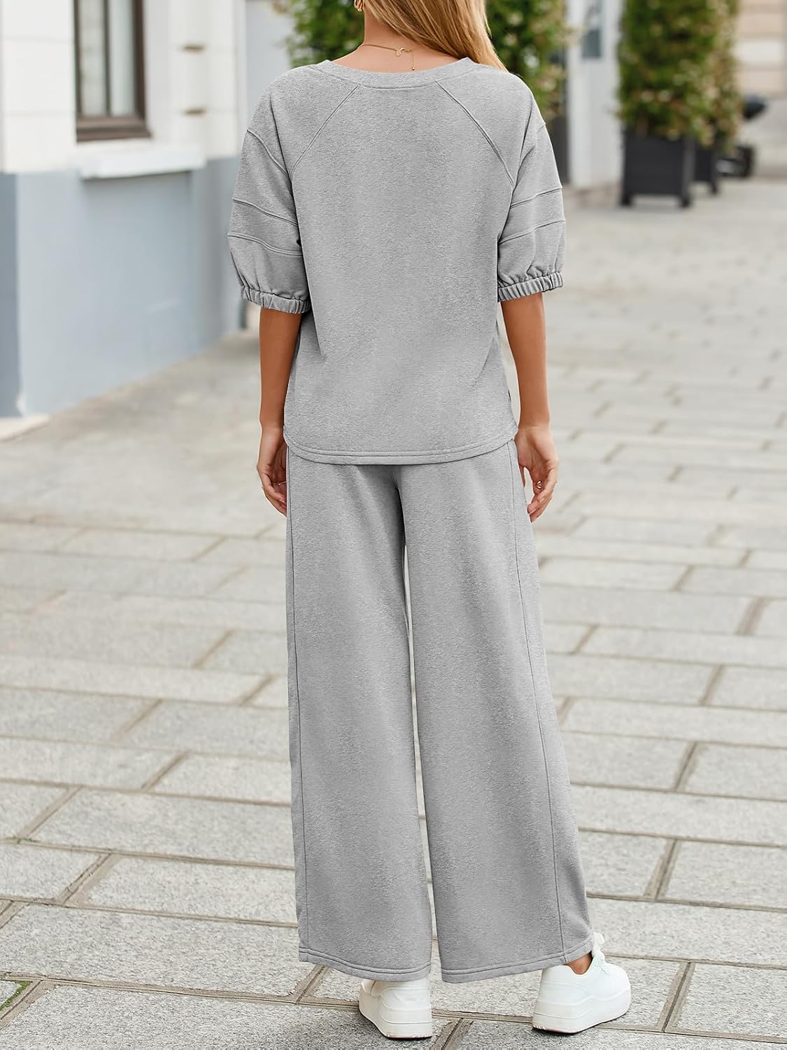 Fisoew Womens 2 Piece Outfits Casual V Neck Shirts Wide Leg Running Long Pants Loose Workout Tracksuit Sets - Image 5