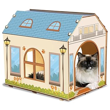 Wooden Villa-Shaped Cat House with Windows Removable Cat Shelter Large Indoor Storage Cat House for Kittens and Adult Cats, for Your Cat (Blue, 16 x 8 x 14 inches)