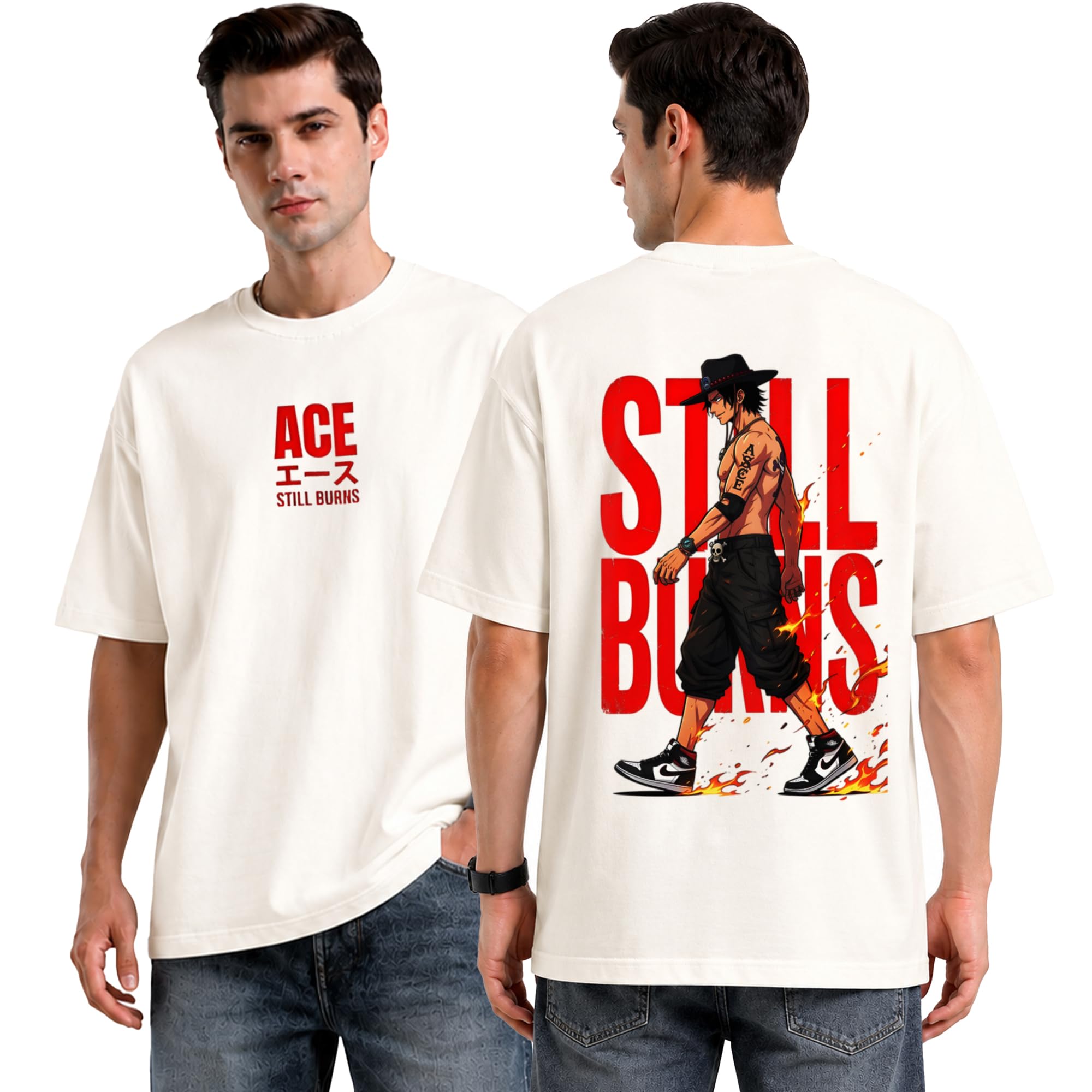 abhimanyu style Anime Ace Still Burns Oversized OffWhite Tshirt for Men and Women Cartoon Character Drop Shoulder Unisex Baggy Loose Fit Cotton T-Shirts-picture-14