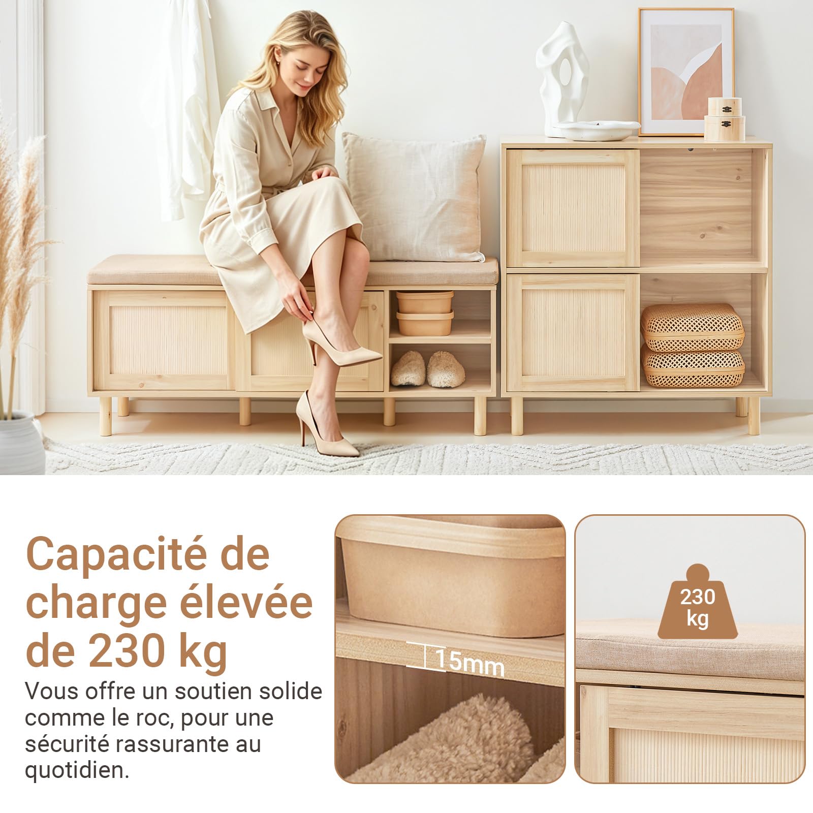 SoBuy Banc Chaussure Bambou avec Assise 121x35x49cm pour entrée | 2 portes coulissantes, 6 compartiments spacieux, MDF E1 et bambou, coussin lin respirant, charge 230kg FSR163-N
