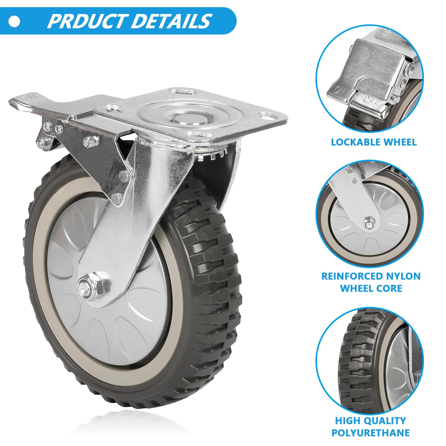 Lot De 2 Roulettes Fixes 200mm Pour Charges Lourdes - 500kg/roue, Noyau Aluminium, Polyuréthane