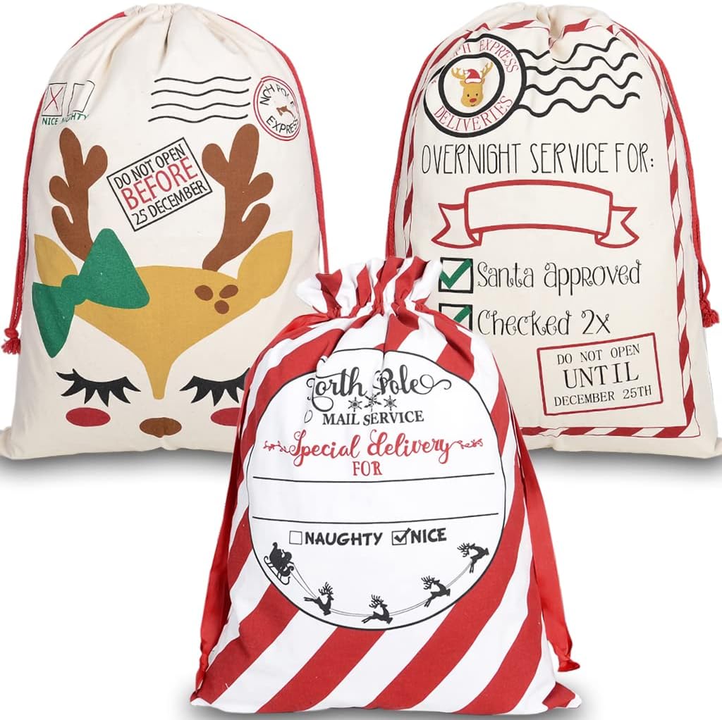 GKanMore 3Pcs Christmas Drawstring Bags Extra Large Santa Sack 27.6"x19.7" Cotton Santa Bag for Christmas Gifts