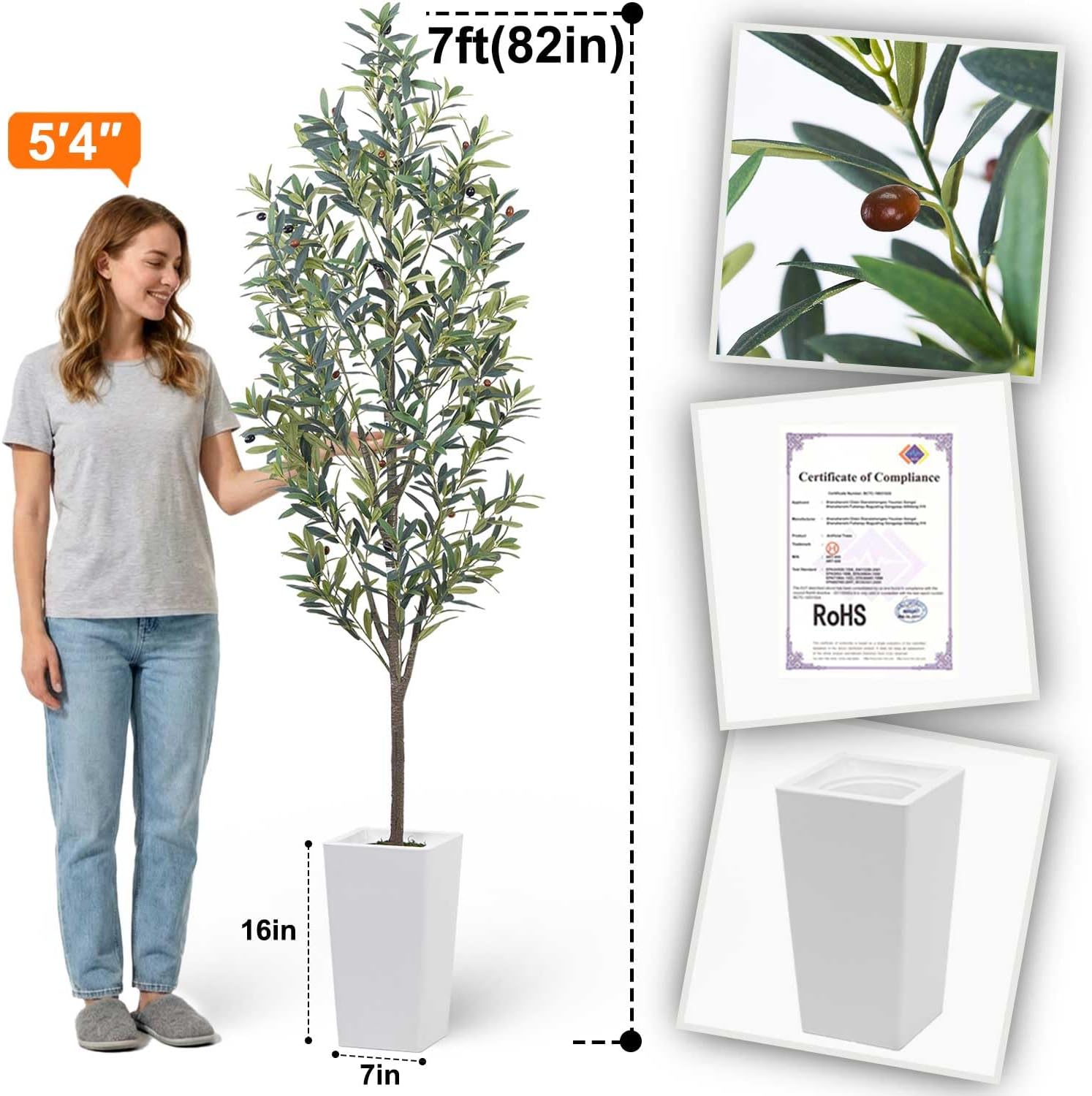 Aveyas 7ft Artificial Olive Tree for Home Decor, 7 Feet Large Faux Plant Fake Skinny Silk Trees with Pot for Indoor Outdoor House Living Room Office (7 ft Tall Including Raised Pot)