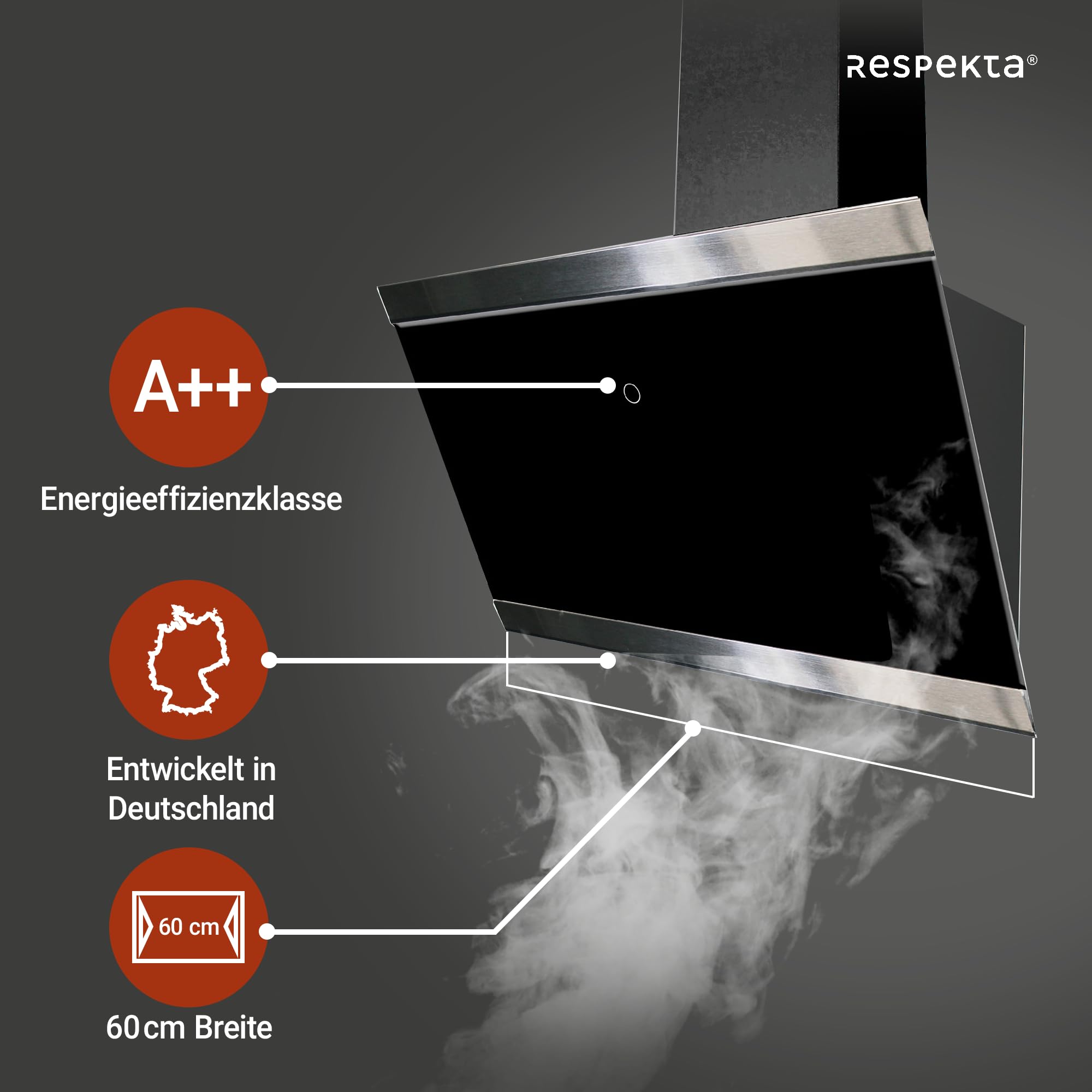 Respekta Dunstabzugshaube kopffrei 60 cm schräg Glasschirm Edelstahlrahmen Schwarz Abluft Umluft CH89060S A++ 39–59 dB
