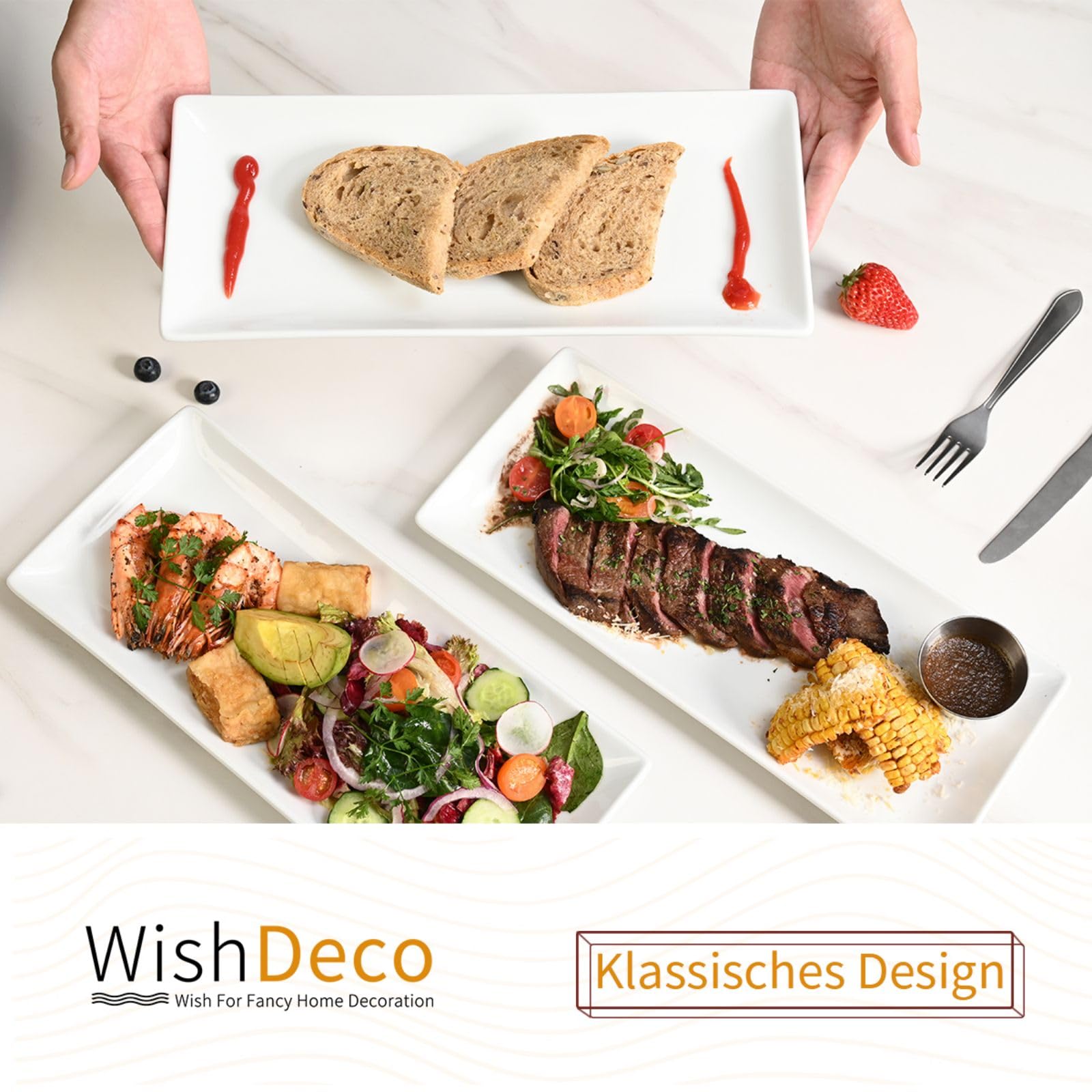 WishDeco Lot de 3 Plateaux de Service, Assiettes Rectangulaires Blanches 35x15 cm, Grandes Assiettes à Dîner en Porcelaine, Plateaux de fête pour Dessert, Buffet, Entrée, Steak