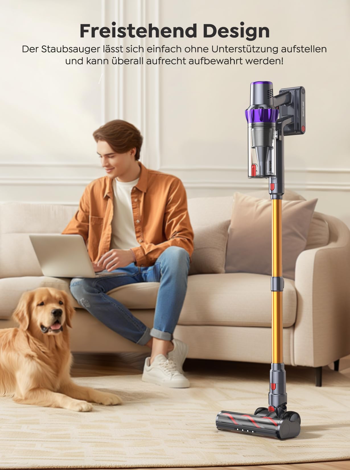 Aspiradora sin Cable 450W/40KPA, 55 Minutos de Autonomía, Aspirador Vertical, Modo Automático, Aspirador Escoba sin Cable Potente, Luz LED Cepillo, Pantalla Táctil LCD, Ideal para Suelos y Alfombras