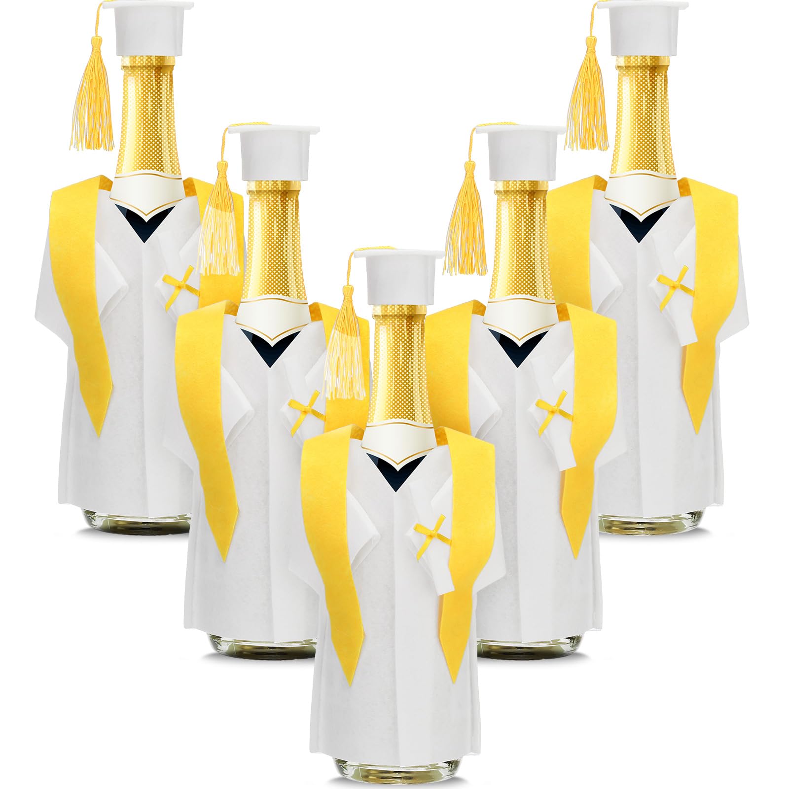 Mixweer 6 Set Wine Bottle Graduation Cap and Gown, Graduation Wine Coat Bottle Covers with Tassels Champagne Party Props (White)