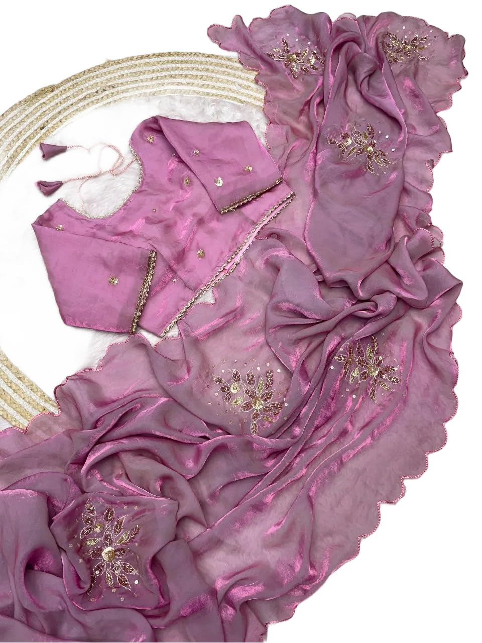soft fandy satin saree with khatli handwork arco border & stitched blouse up to 42-image-46