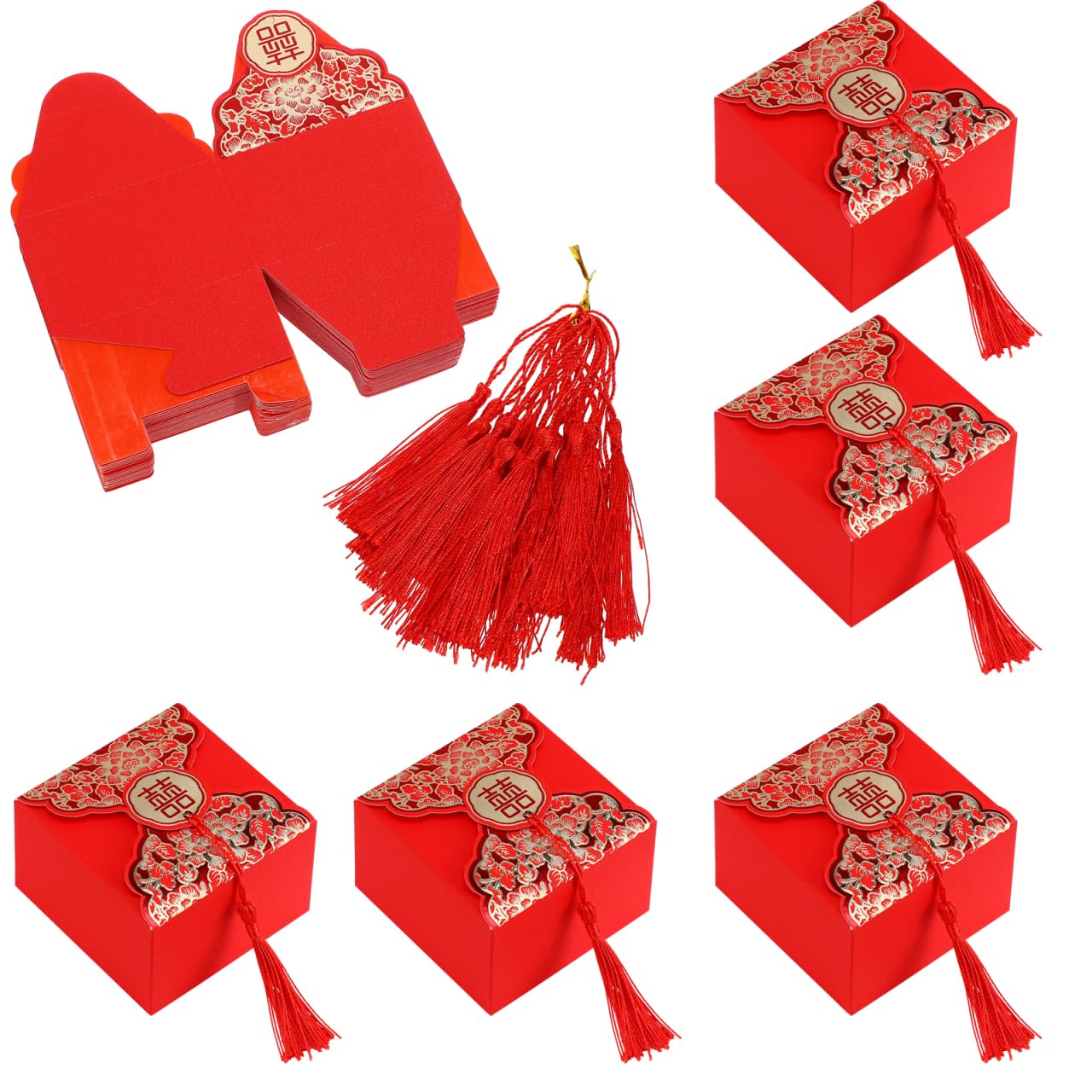 jojofuny 20 Pcs Chinese Style Wedding Candy Boxes with Red Tassels - Portable Sweet Storage Case Gift Packaging for Party Treats and Celebrations - 3.19X3.19X1.97In