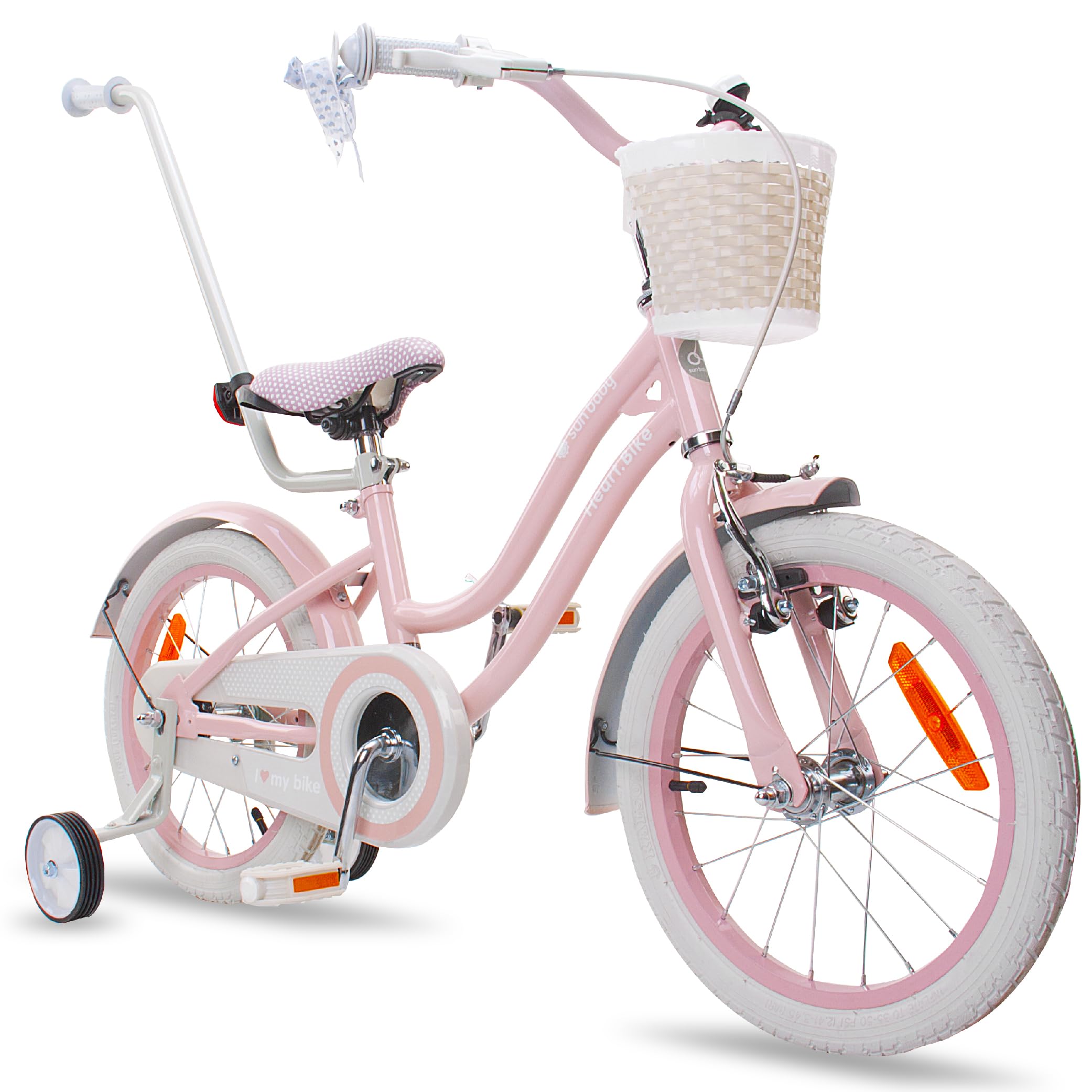 sun baby Heart Bike Bicicleta Infantil para niña 12/14/16 Pulgadas, con ruedines, Barra de Empuje, Cesta, Timbre, Freno contrapedal y V-Brake