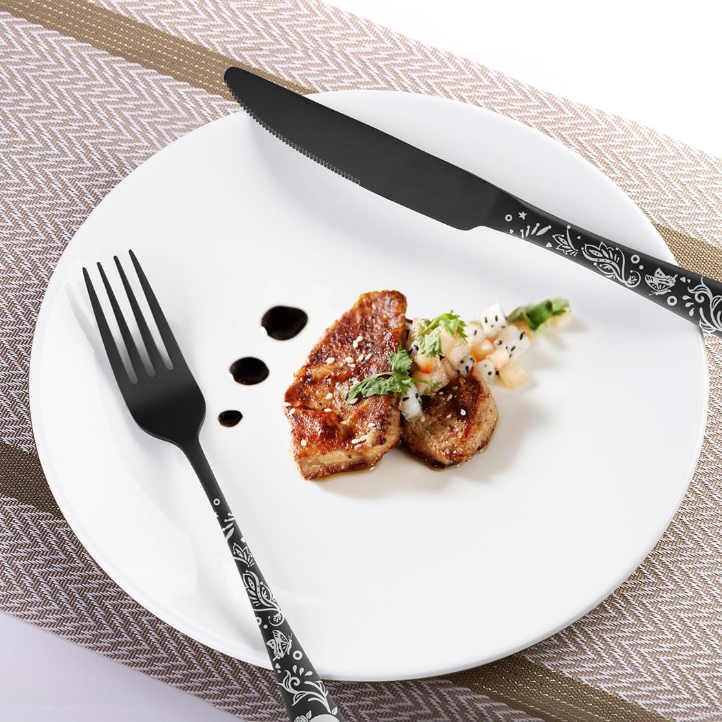 XIAOYU 20 Piece Black Bizarre Skull Flatware Set, Gothic Matte Silverware Set Serving for 4, Unique Skull/Flower/Butterfly Pattern Design, Halloween Cutlery Set Festival Tableware Utensils