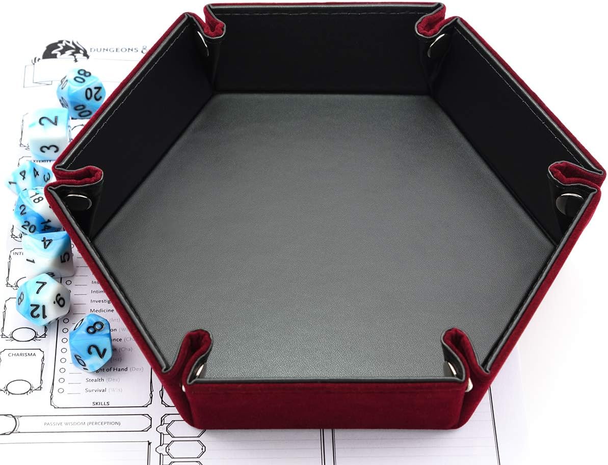 Dice Folding Hexagon Tray w/Red Velvet Rolling for DND Dice Games and Candy Holder Storage