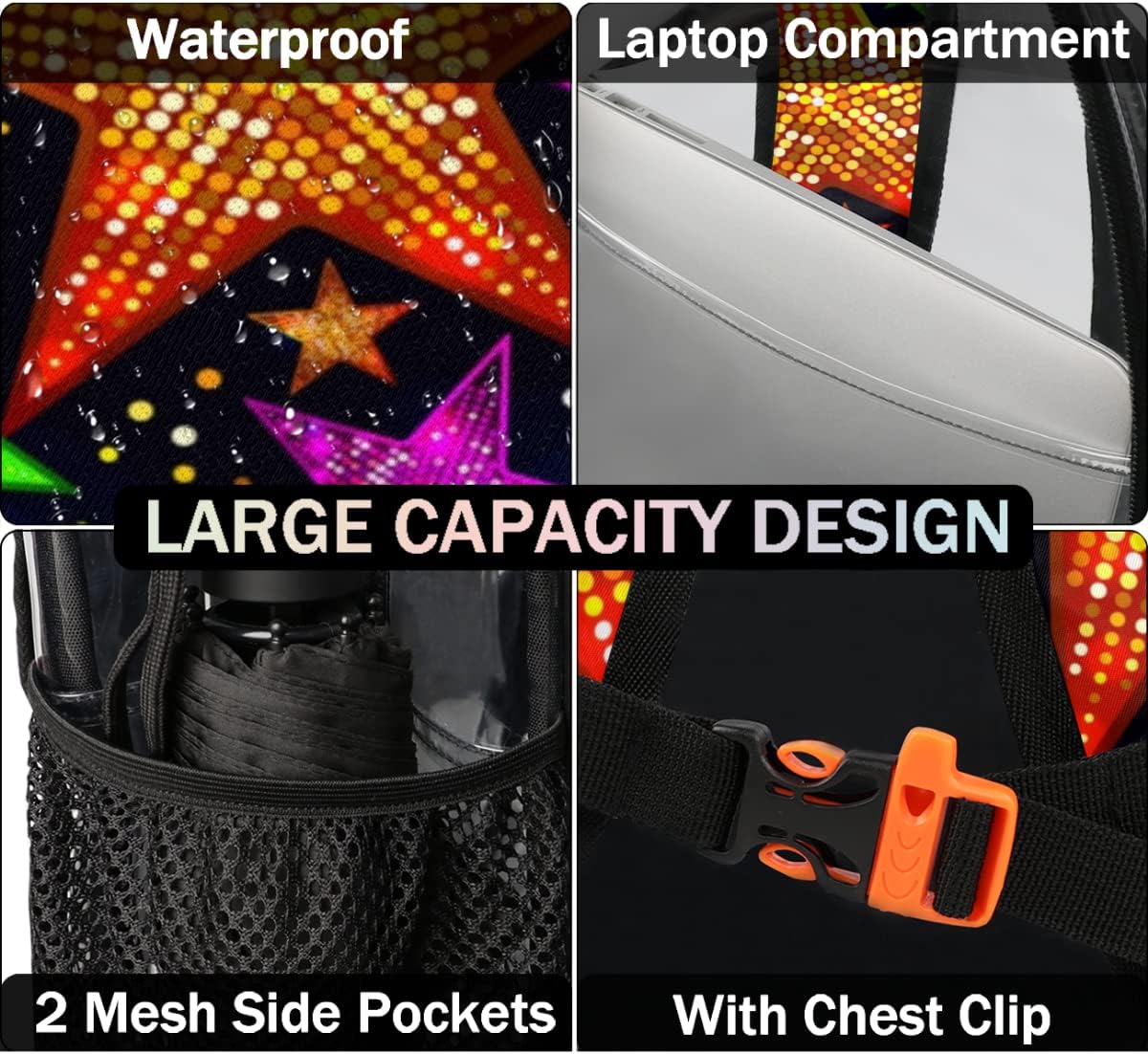 Star Color Clear Backpack Stadium Approved Heavy Duty PVC Transparent Backpacks Large Laptop Backpack for Work Travel Sports Events Concerts