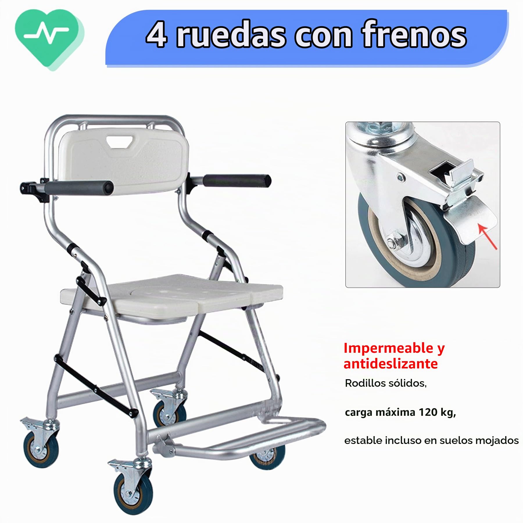 Taburete de Ducha Plegable con Ruedas para Personas Mayores | Taburete de Ducha con Reposabrazos y Respaldo, Sillas de Ruedas para Ducha, Reducir la Actividad para Evitar Lesiones