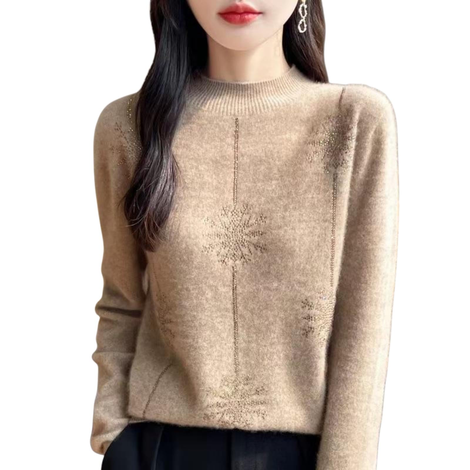 Rhinestone Tops for Women Fuzzy Knit Cozy Sweater Mock Neck Long Sleeve Loose Pullover Top Fall Winter Clothes