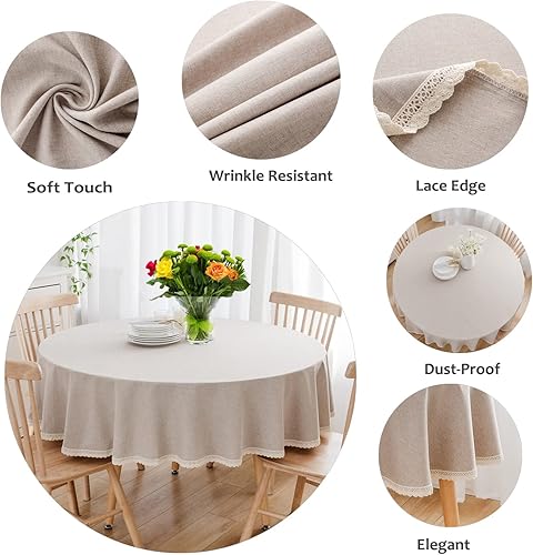 Miniatura 2 de Mantel redondo de lino sintético con ribete de encaje, mantel de arpillera de peso pesado sólido para banquetes, fiestas, cenas, cocina, bodas,