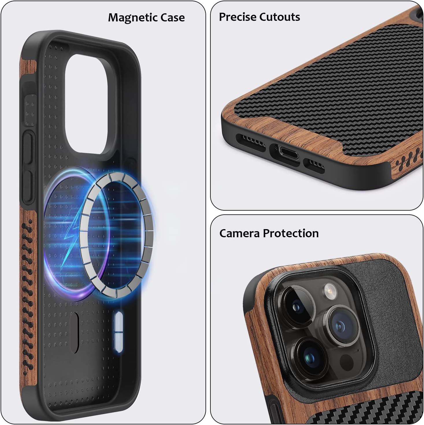 Magnetic Case Compatible with iPhone 14 Pro Max Case [Compatible with MagSafe] Wood and Leather Carbon Fiber Design Hybrid Shockproof Phone Case (Black) - Image 6