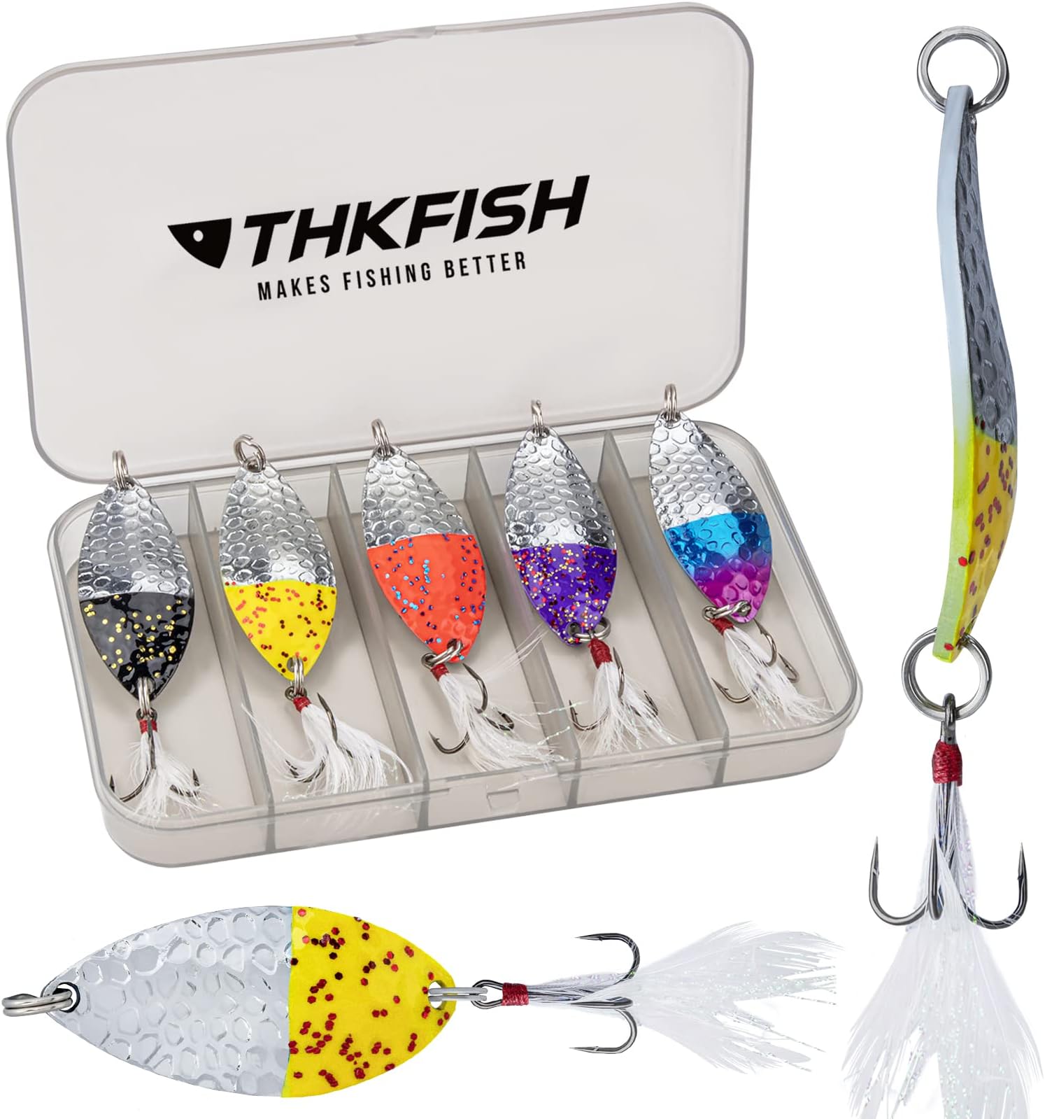 THKFISH Fishing Spoon Lures for Trout, Bass, Pike, Mackerel - 5Pcs