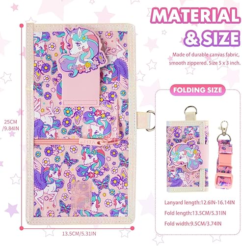 Miniatura 5 de Cartera infantil para niñas, temática de unicornio, de 5 a 12 años, triple pliegue, cierre de cremallera, 8 secciones, material de poliéster