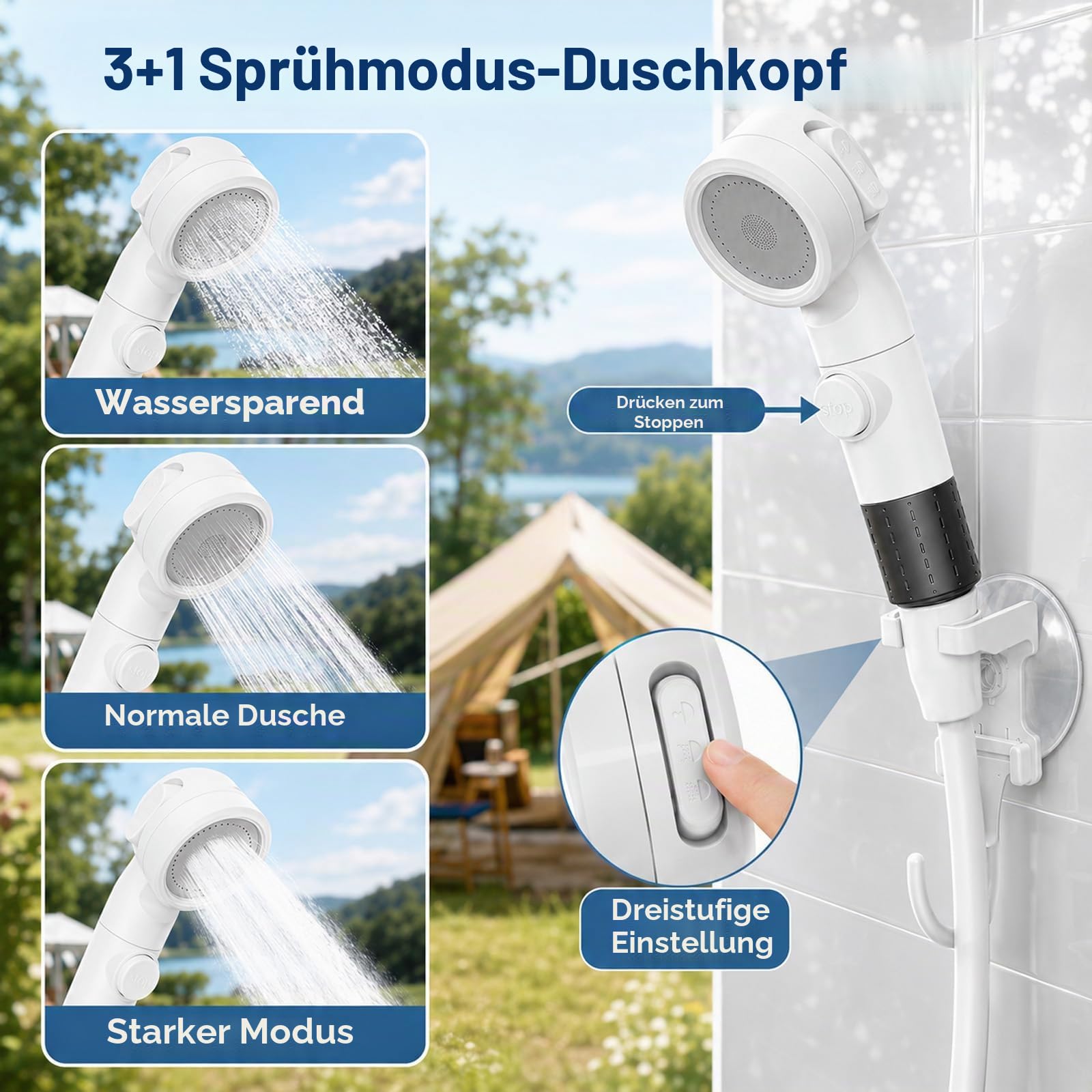 Camping Dusche, Outdoor Dusche mit Pumpe Akku 5200mAh,Duschpumpe-Set mit Heizfunktion und 20L Wasserbehälter, Campingpumpe für Reisen Wandern Garten Autowaschen Wohnmobile