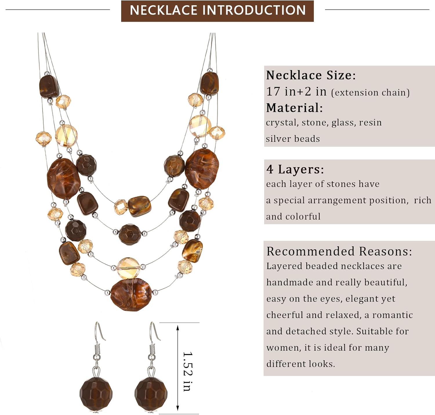 Layered Chunky Beaded Necklace for Women Colorful Multi-Layer Statement Necklace and Earrings Set Gift for Her - Image 5