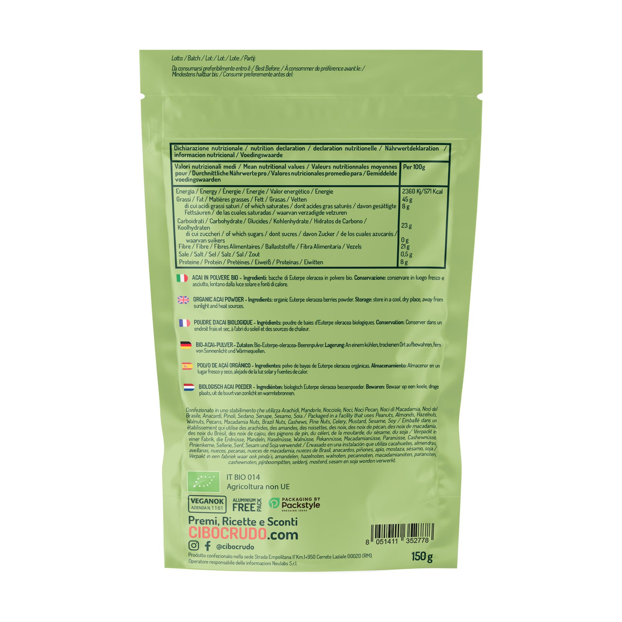 Acai Poudre Bio - 150g. Poudre d'Acai Congelé Naturelle Pure et Vegan du Brésil pour Smoothies et Acai Bowl. Organic Acai Berry Powder.