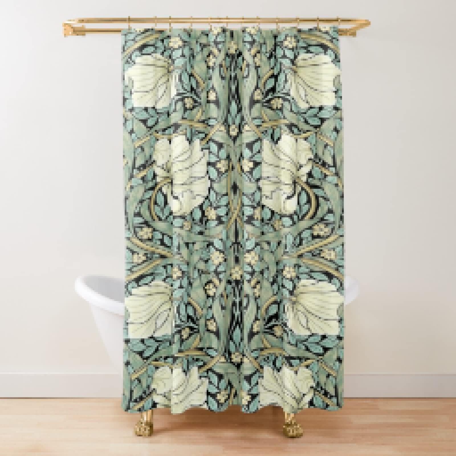UIYIUI William Morris Floral Shower Curtain 87x79in/220x200cm Green Yellow Vintage Plant Leaf Rustic Farmhouse Style Print for Bathroom Decor, Boho Waterproof Fabric Shower Curtain with Hook