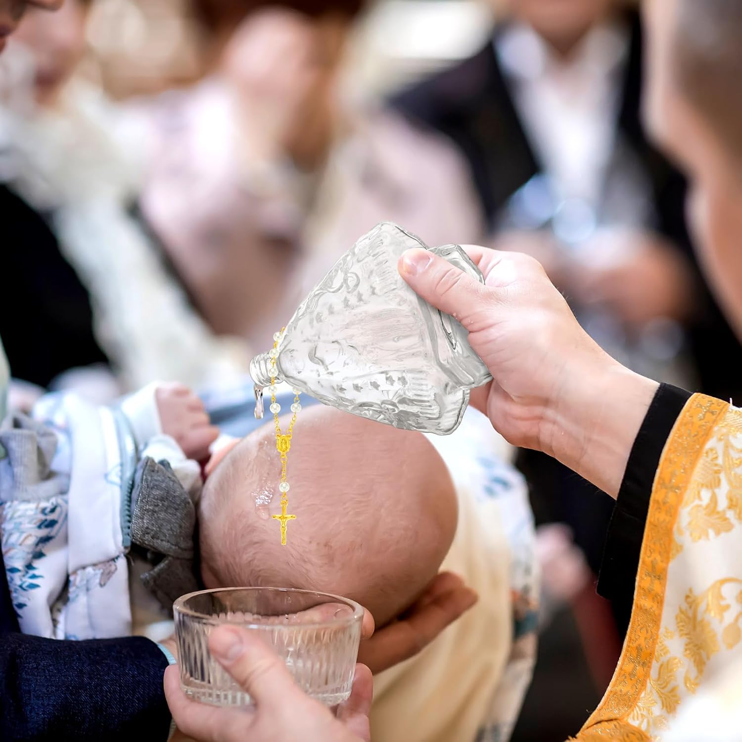 Chuangdi 24 Pcs 12 Sets Holy Water Bottles Baptism Favors for Guest Holy Water Container with Cross Rosary Organza Bag Bow 50ml Glass Empty Container for Communion Christian Wedding (Fresh,White)