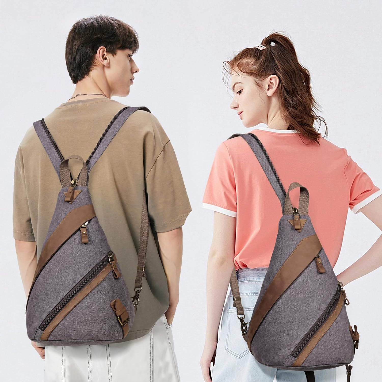 KL928 Canvas Sling Bag for Men Women, Genuine Leather Design Shoulder Crossbody Bags Backpacks Travel Daypack with Earphone Hole Rucksack, Dark Grey - Image 6