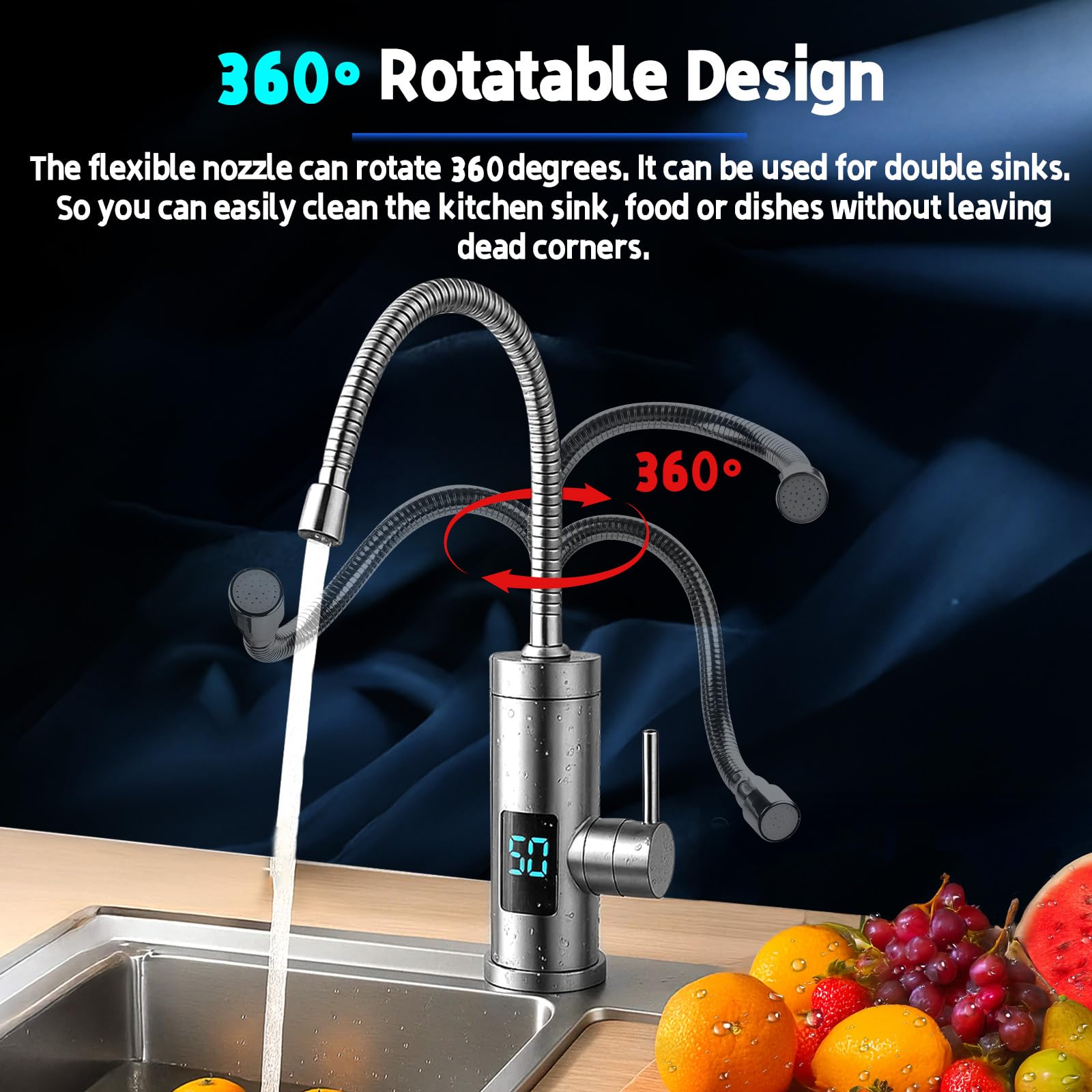 Elektrischer Wasserhahn mit Durchlauferhitzer, 220V 3000W Warmwasserhahn Küchenarmatur Smart Heater Wasserboiler für Küche, Garten, Bad, Wohwagen, Camping
