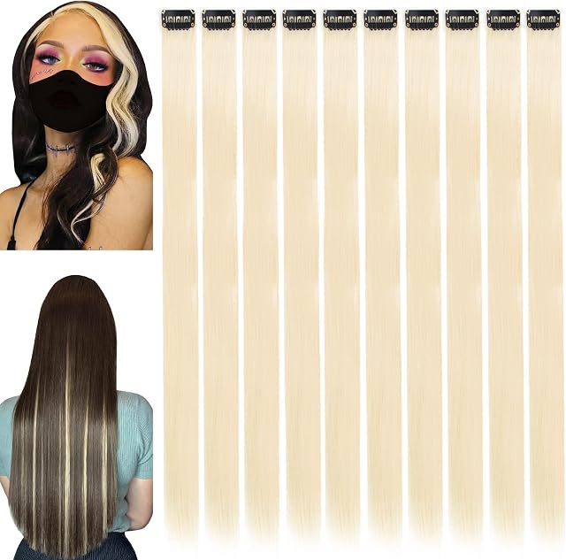 Vlasy 10PCS Colored Clip in Hair ExtensionsStraight Party Highlights Clip on Hair Extension for Girls 20 InchSynthetic Clip in Long Hair Accessories for WomenBlonde)