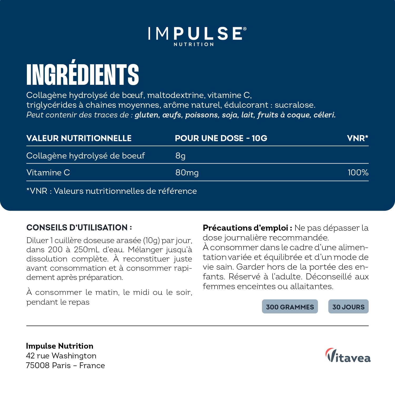 Impulse Nutrition - Peptides de Collagène Peptan 300g - Complément alimentaire sport avec Collagène Bovin - Articulations, Récupération, Peau & Tonicité - Goût Neutre - Fabriqué en France