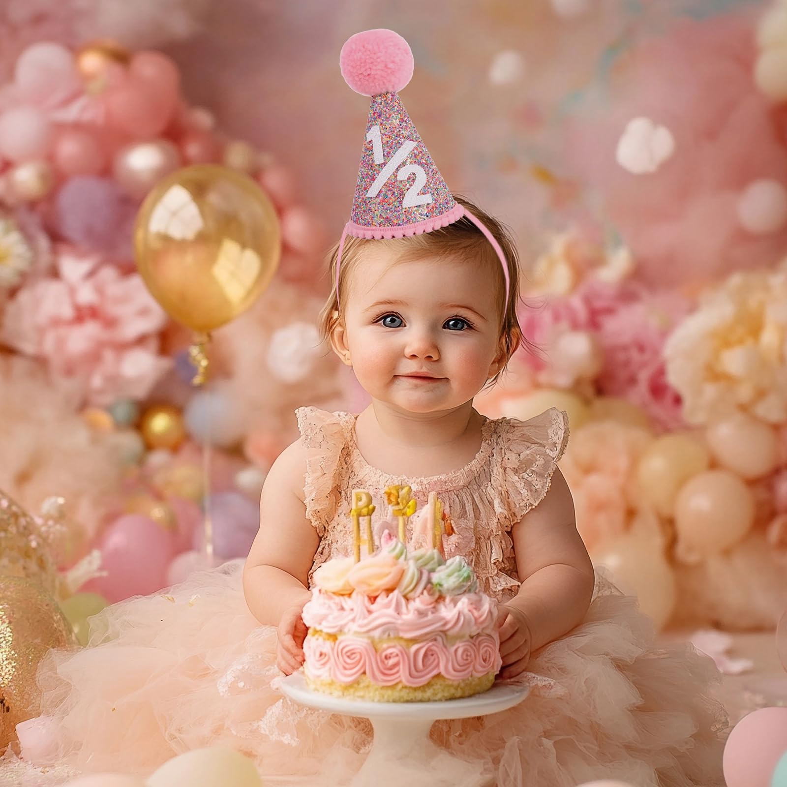 Alainzeo Half Birthday Rainbow Cone Hat, 1/2 Birthday Party hat for Baby Girl, Glitter Cone hat for 6 Month baby Birthday Decoration, Birthday Decoration, Party Photo Prop, Glitter Rainbow Cone