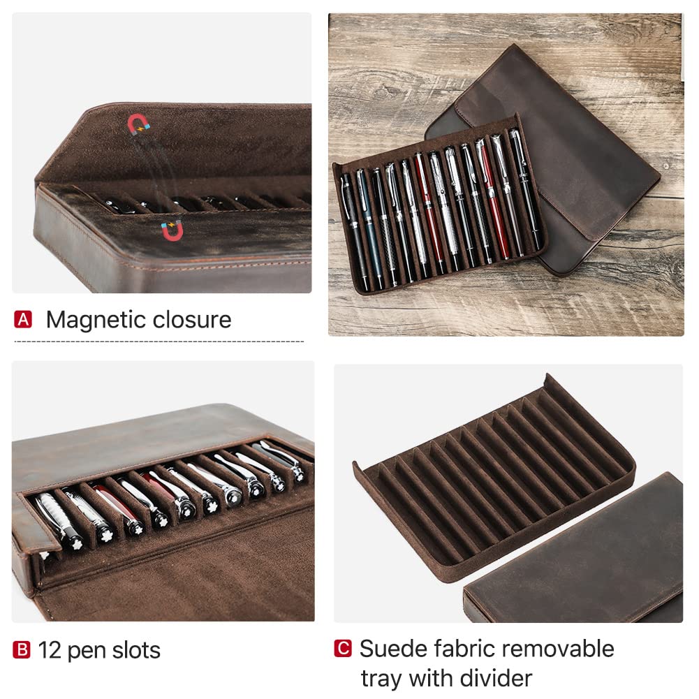 Hiram - Astuccio in pelle per 12 penne, portapenne in pelle portatile con chiusura magnetica nascosta e design con vassoio portapenna