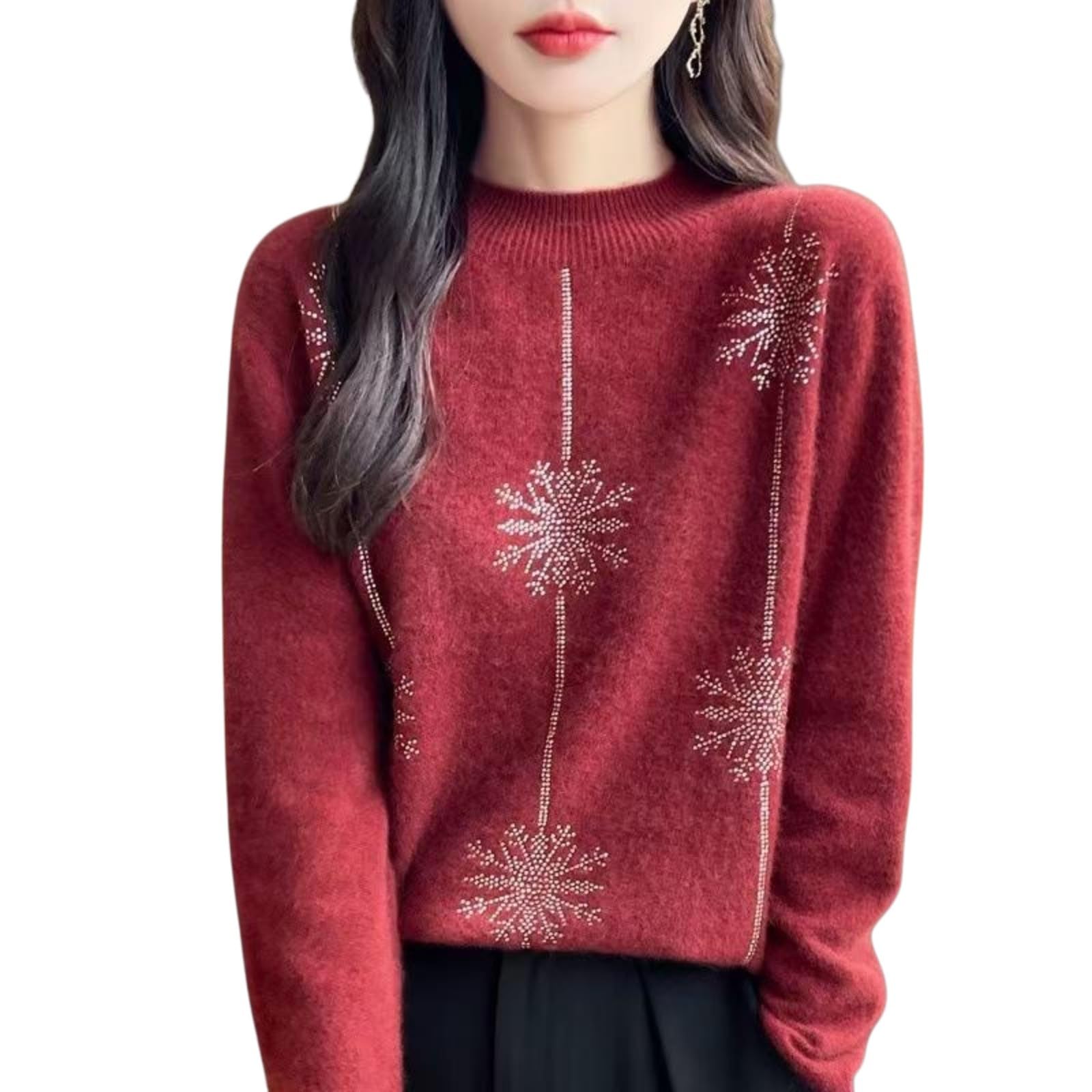 Mock Neck Sweater for Women Long Sleeve Dressy Casual Lightweight Basic Pullover Tops Snowflake Loose Fit Outfits