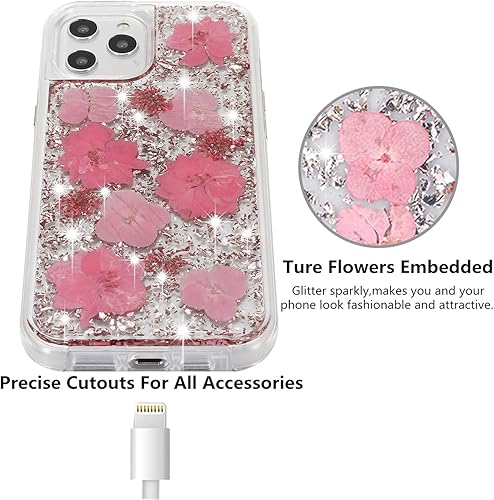 Miniatura 5 de Funda para iPhone 12 Pro Max, funda de lujo para mujer, diseño de flores naturales con purpurina, carcasa trasera dura con parachoques de TPU para