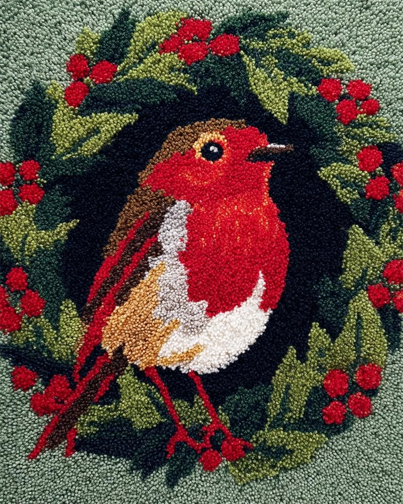FWRTYCB Latch Hook Rug Kit for Adults Christmas Robin Bird Wreath